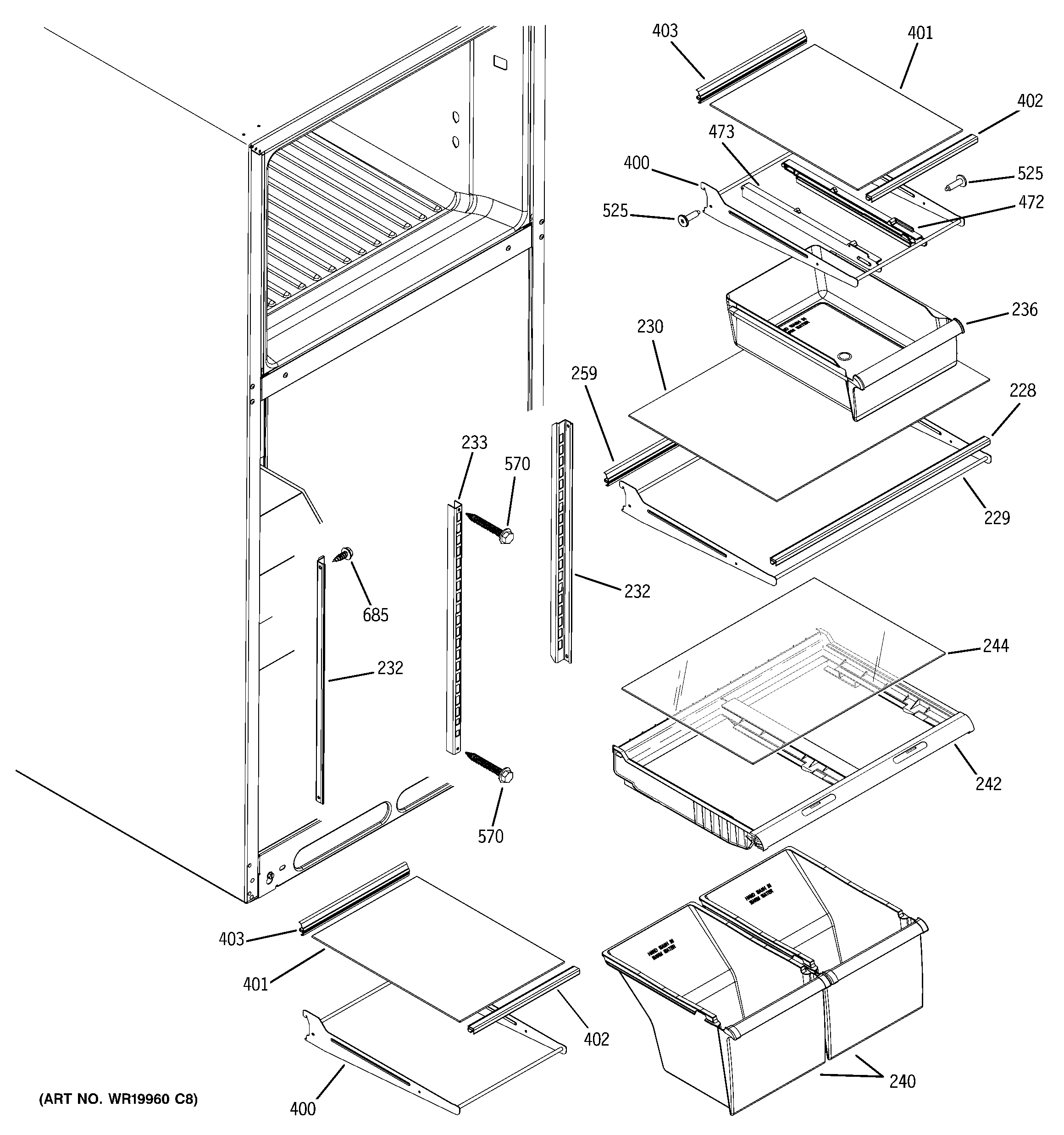 GE GTS18IBSWRCC fresh food shelves diagram