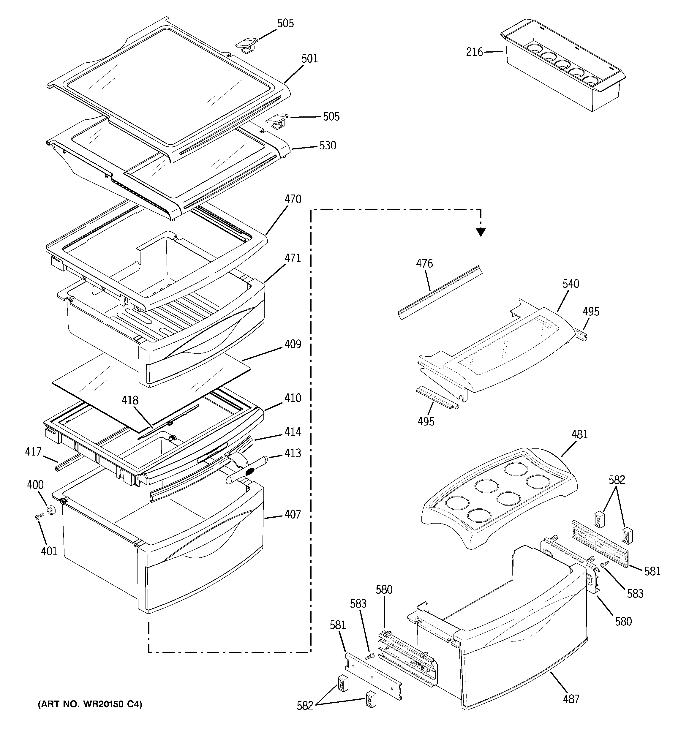 GE PSK25NGWACCC fresh food shelves diagram
