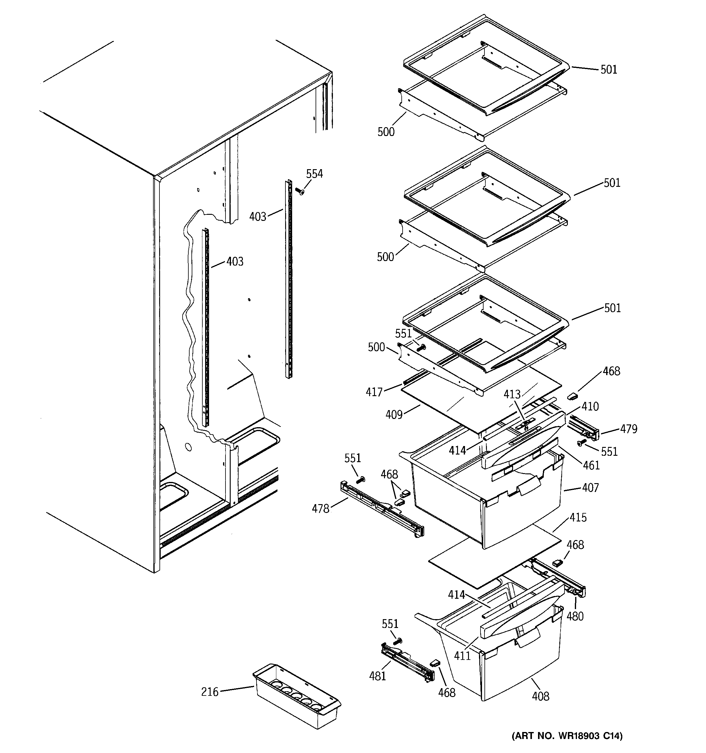 GE GSE22KEWAFBB fresh food shelves diagram