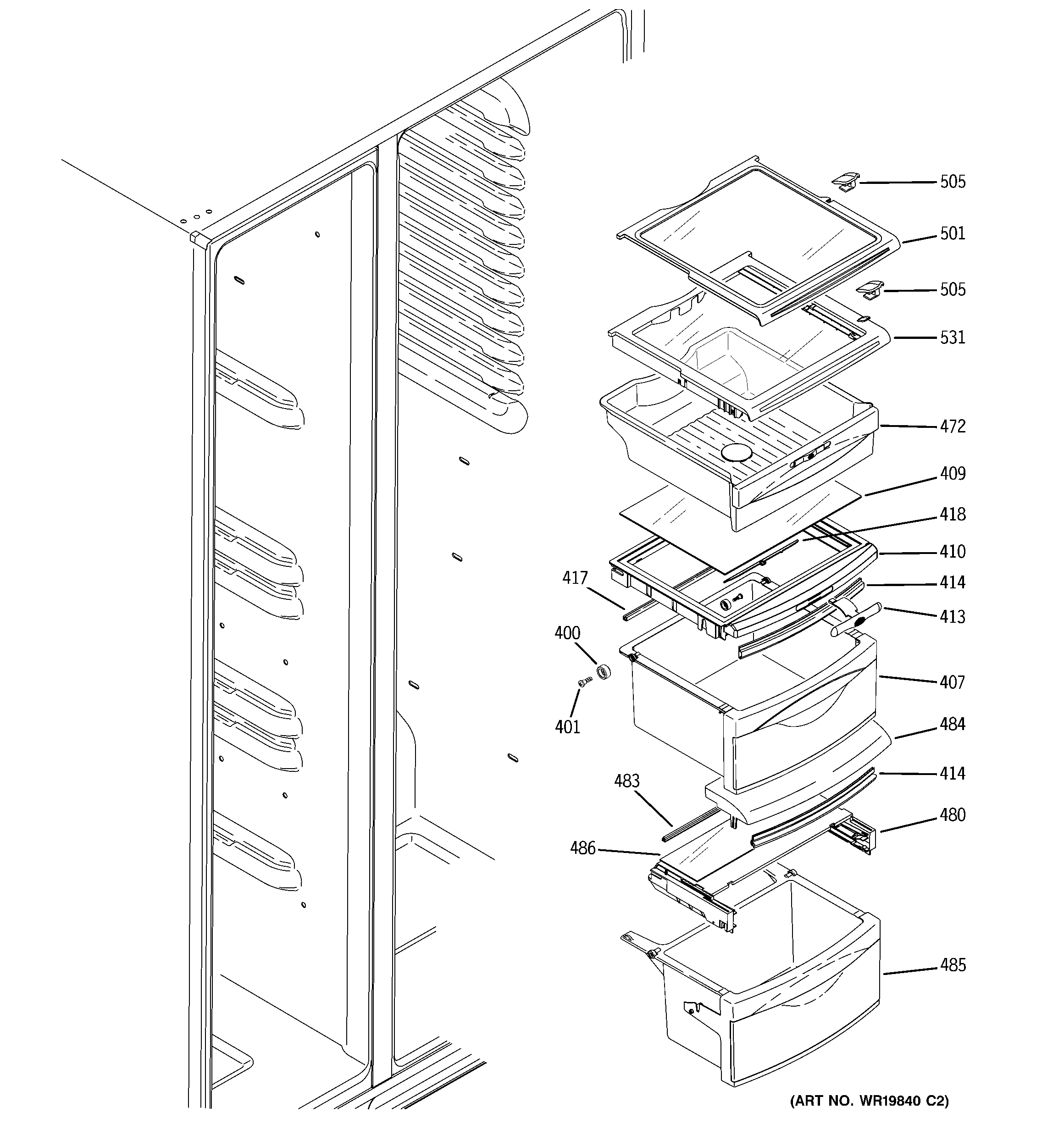 GE GSF25XGWAWW fresh food shelves diagram