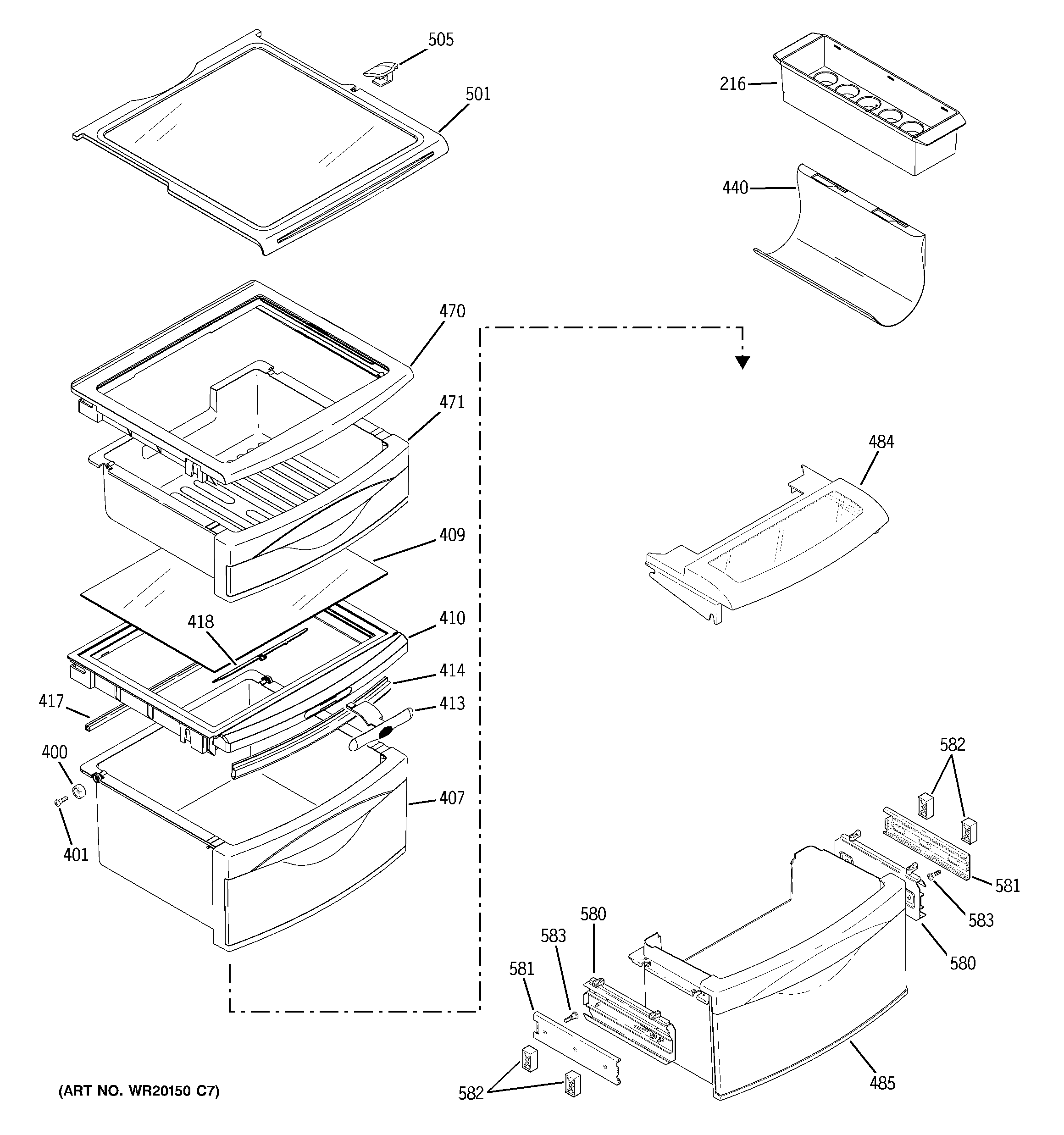 GE GSK25LHWACCC fresh food shelves diagram