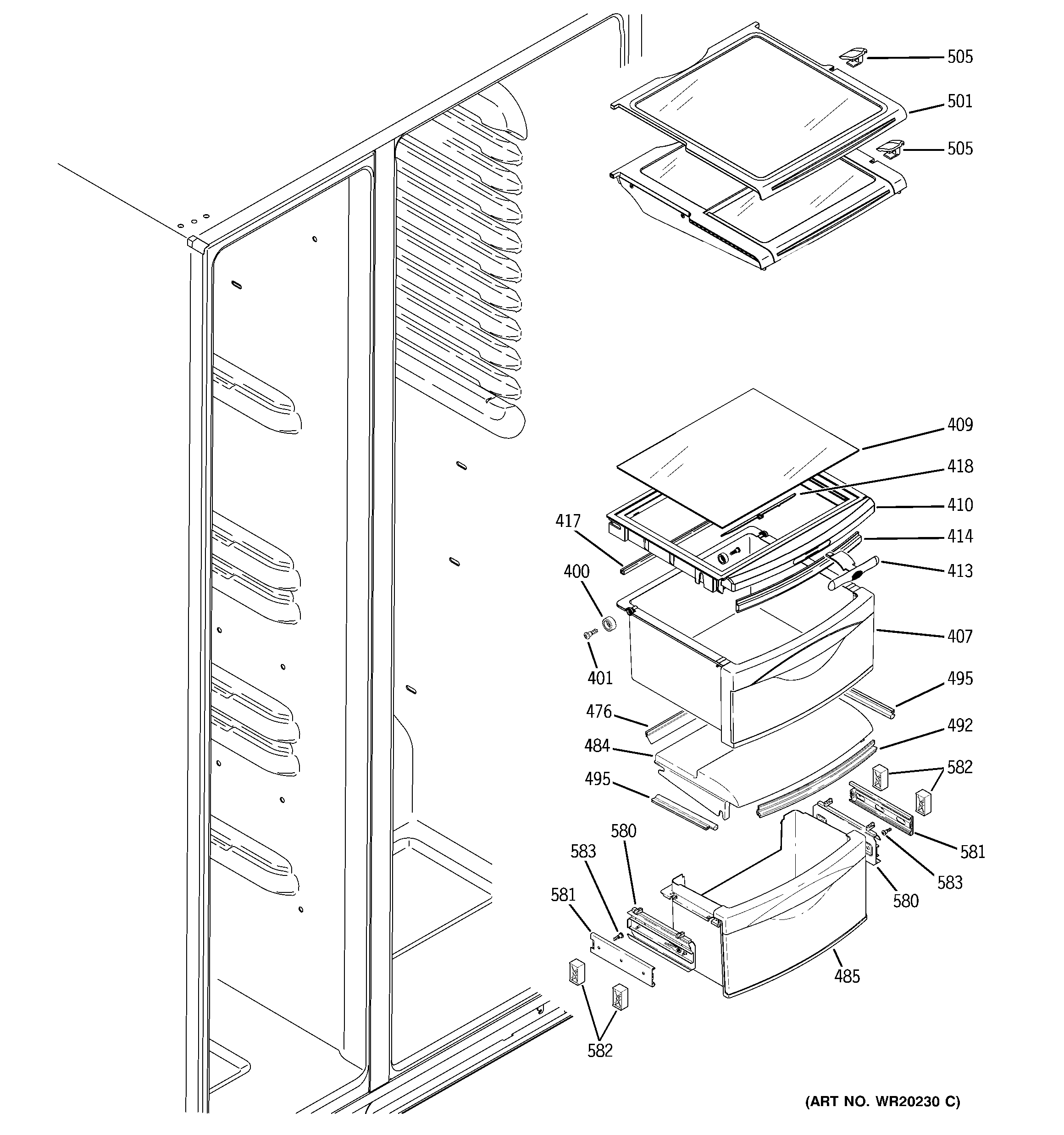 GE GWE23LBTBFSS fresh food shelves diagram