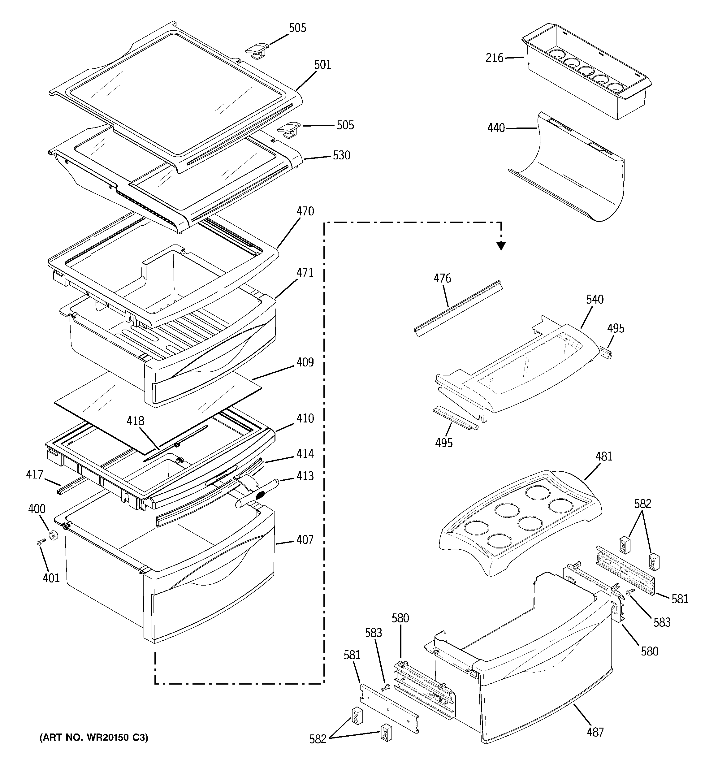 GE PCK23NHWAFCC fresh food shelves diagram