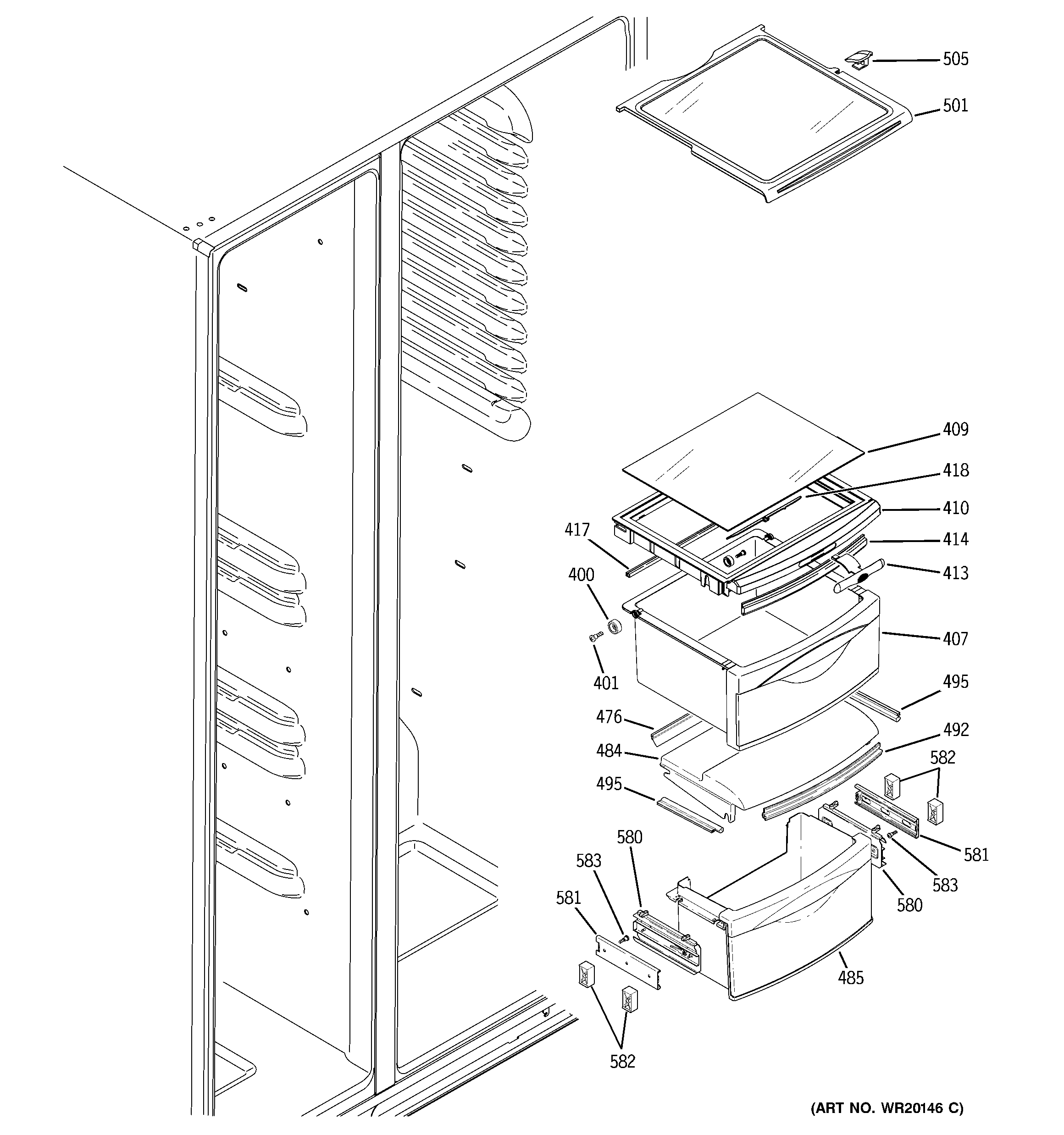 GE GCE23LHWAFBB fresh food shelves diagram