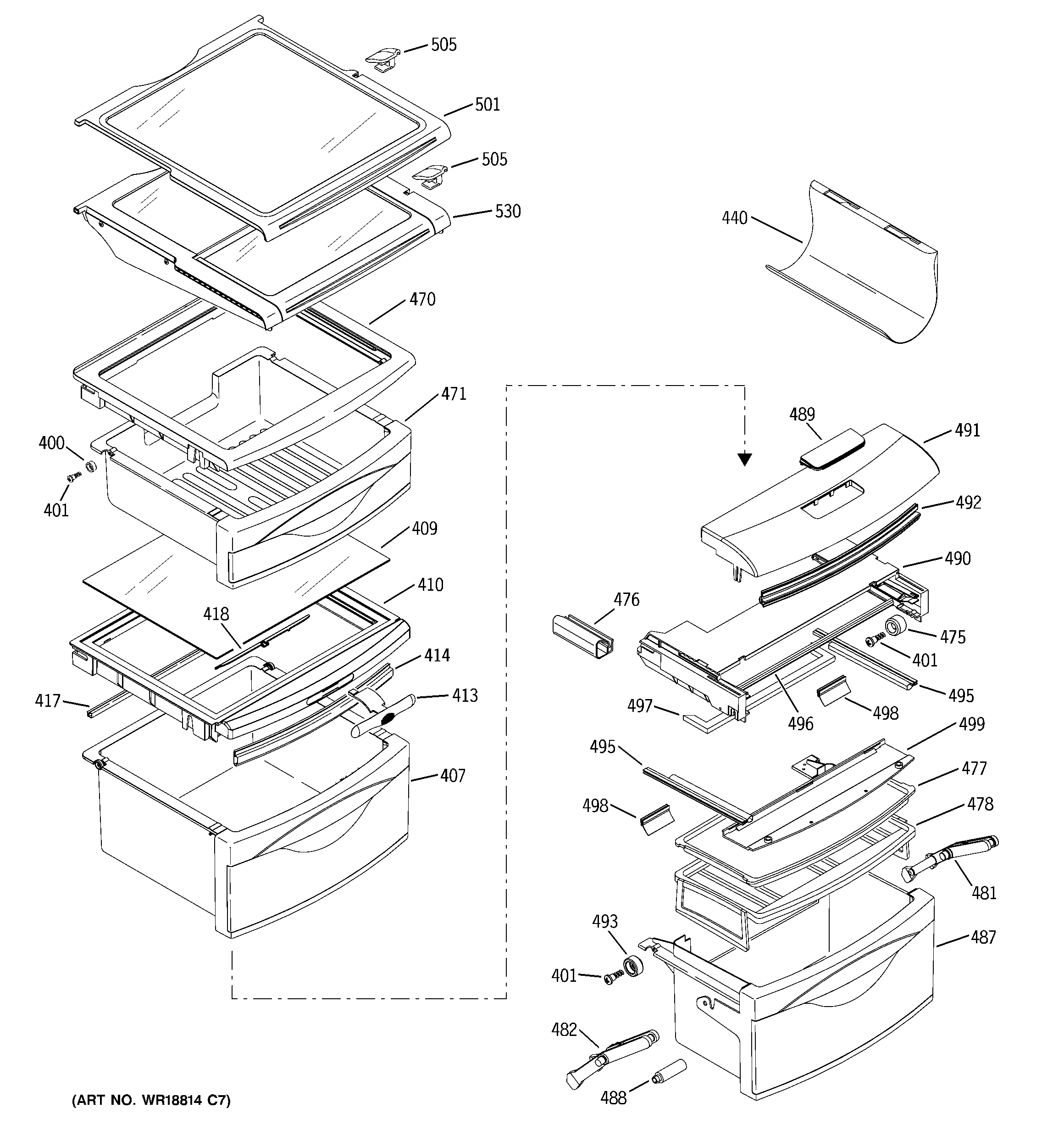 GE PSH23SGNABS fresh food shelves diagram