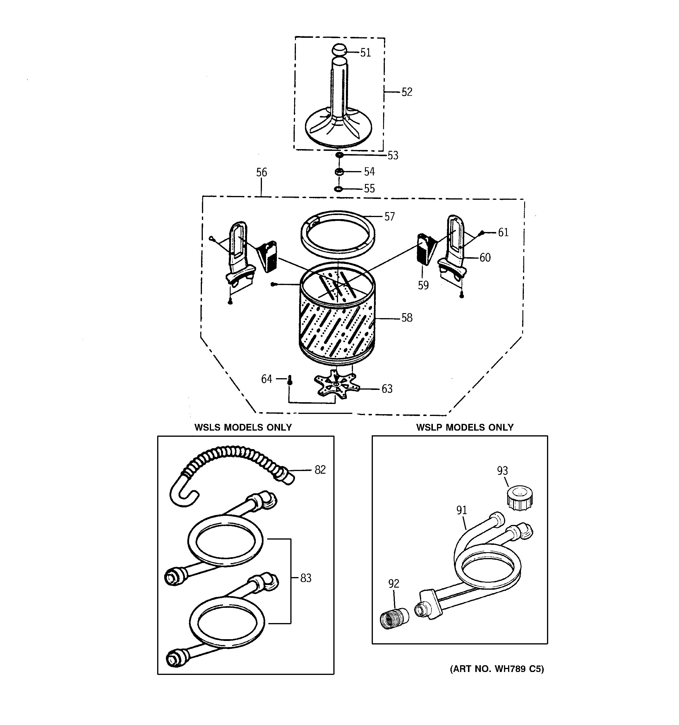 GE WSLP1100A0AA tub & agitator diagram