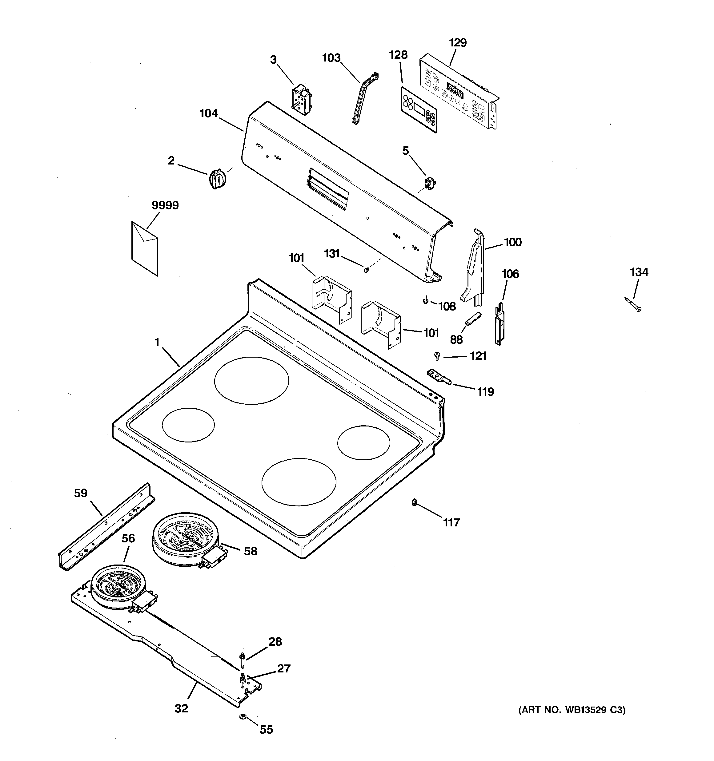 GE JB600WK4WW control panel & cooktop diagram