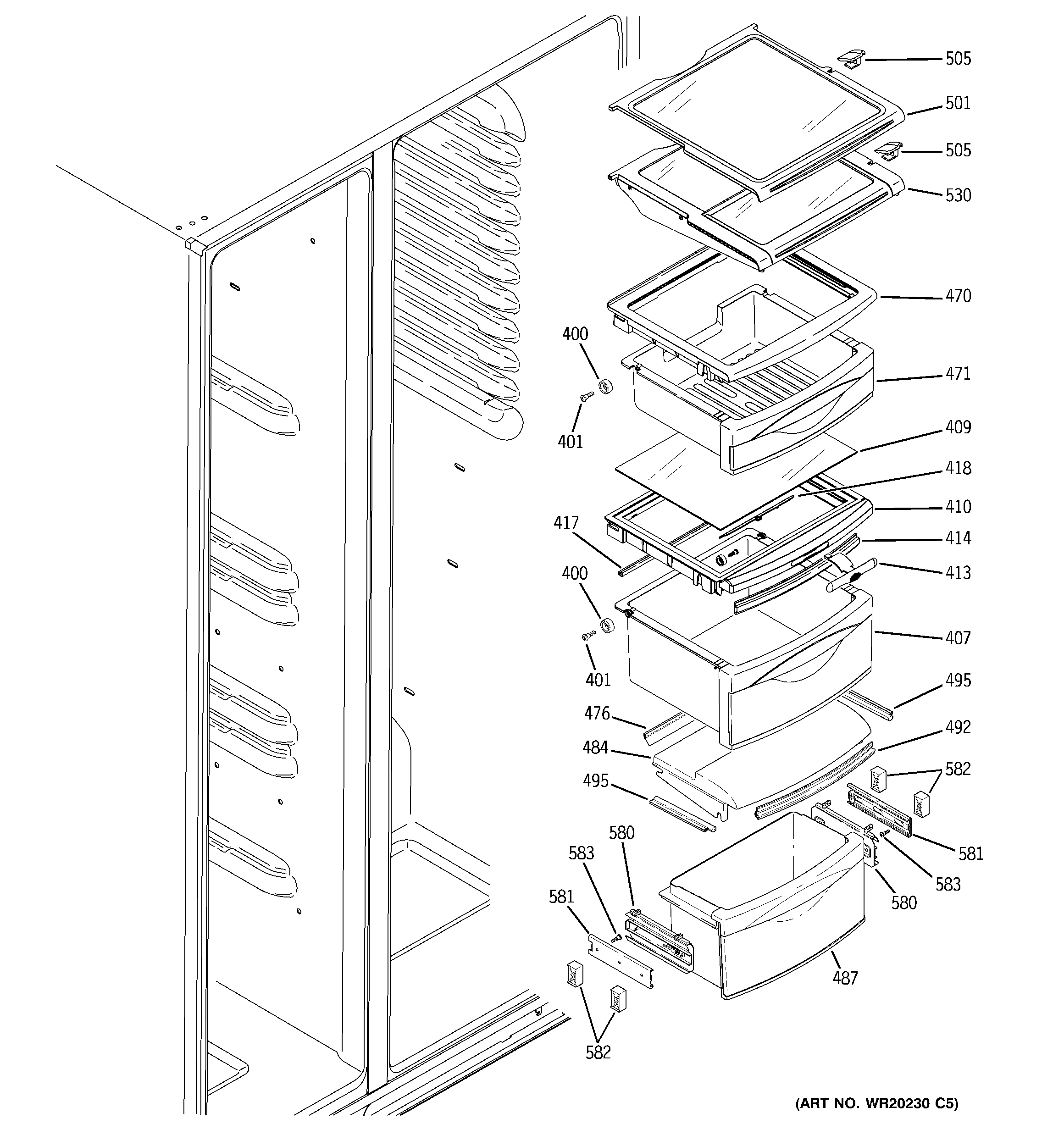 GE GSCF3PGXAFBB fresh food shelves diagram