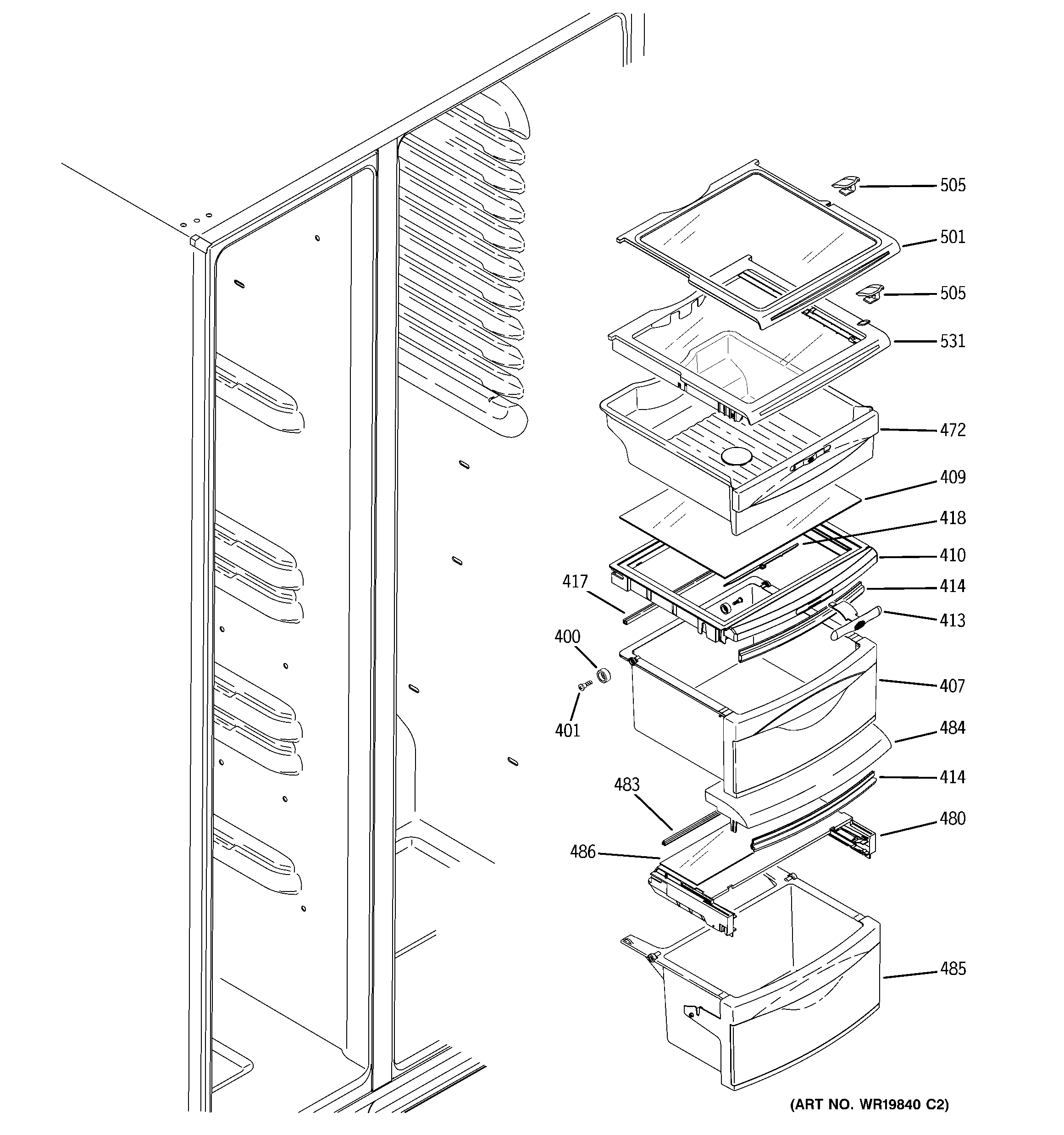 GE GSHL5KGXBCLS fresh food shelves diagram