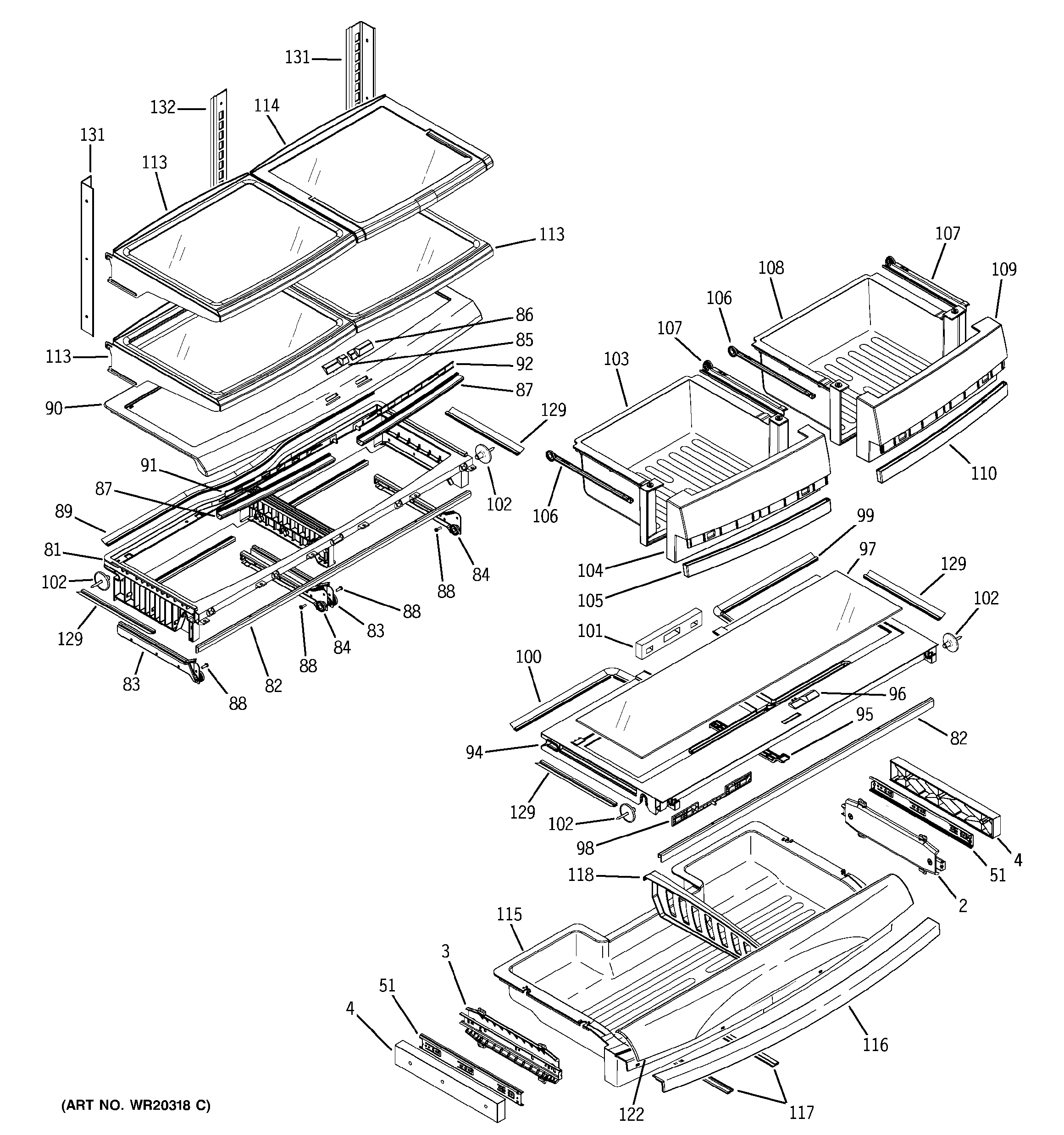 GE PFSF5NFXAWW fresh food shelves diagram