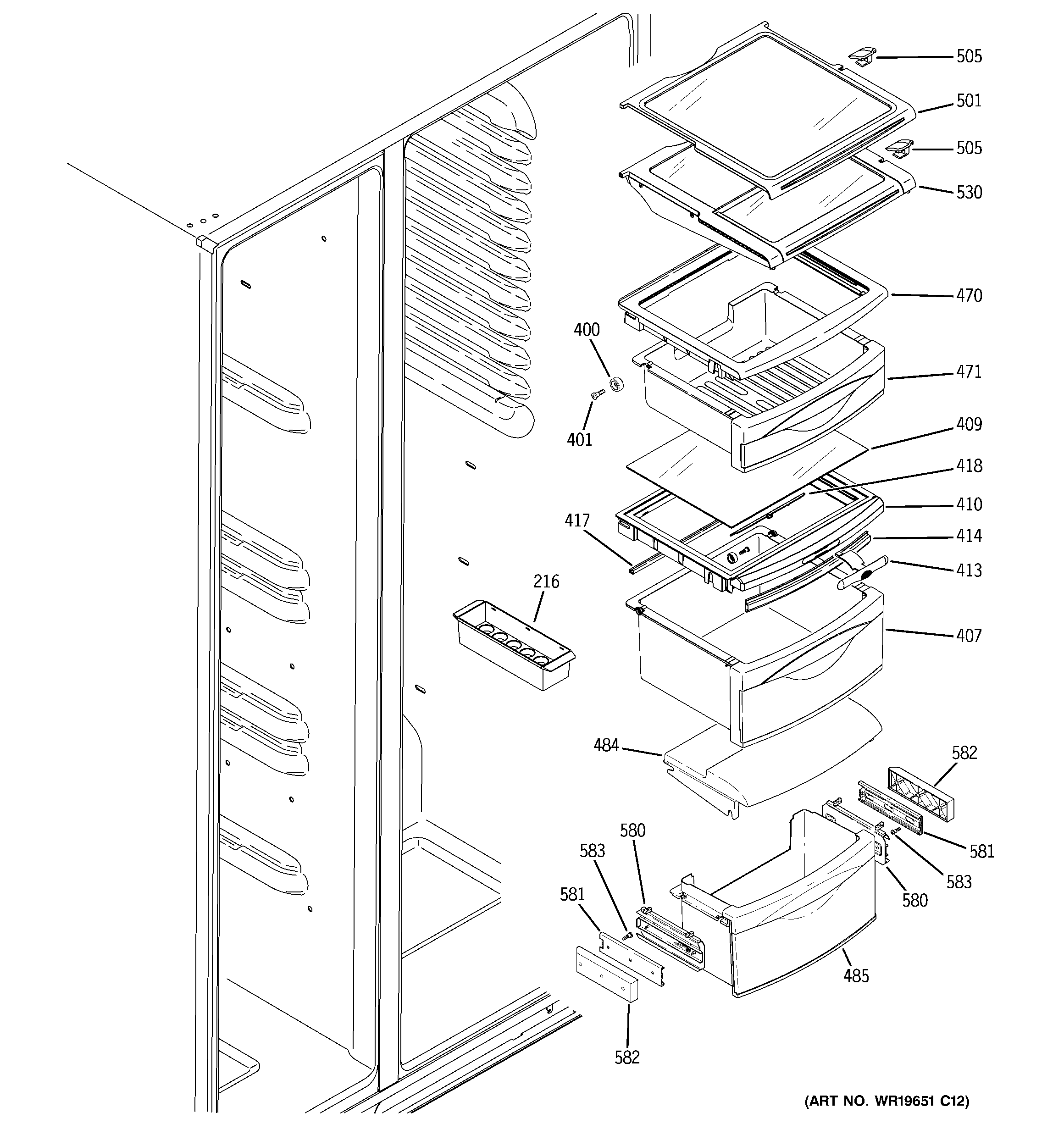 GE PHG25MGTAFWW fresh food shelves diagram