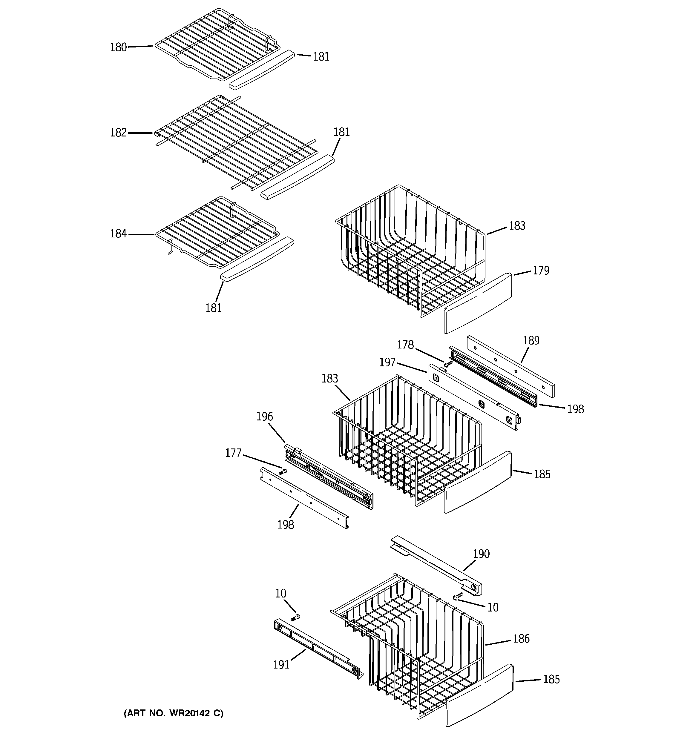 GE PSCF3TGXAFWW freezer shelves diagram