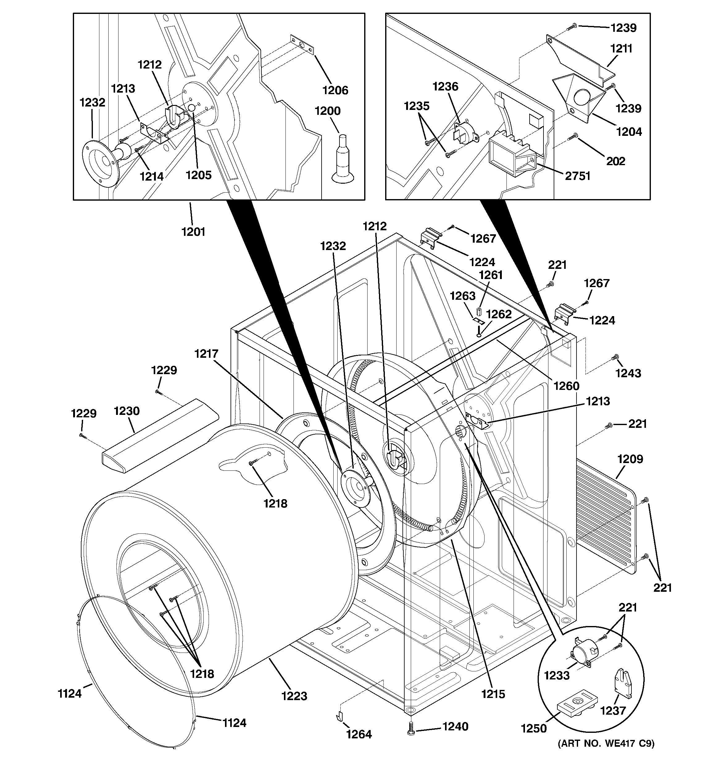 GE DCCH43EF1WW cabinet & drum diagram