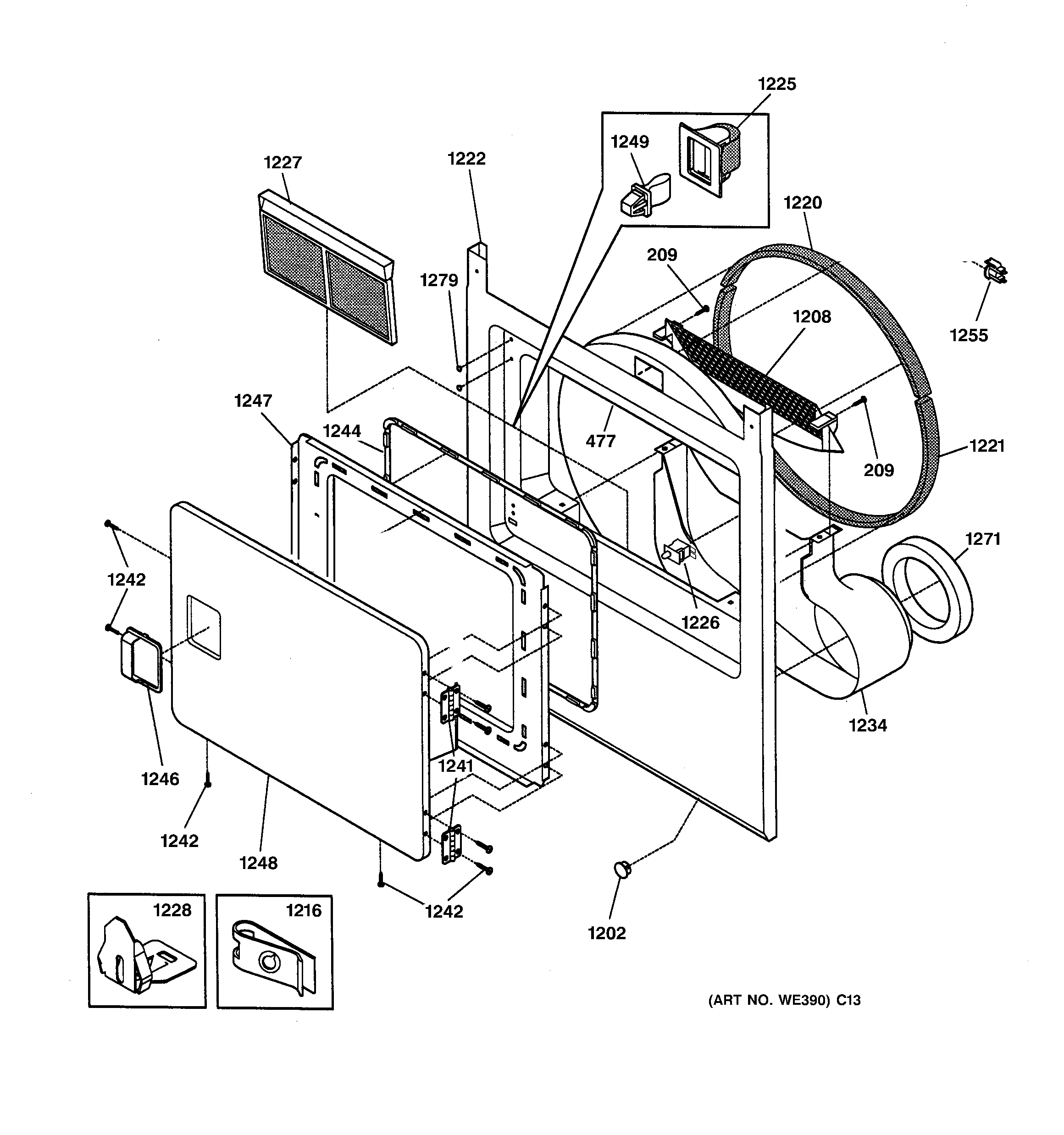 GE DCCH43GF1WW front panel & door diagram