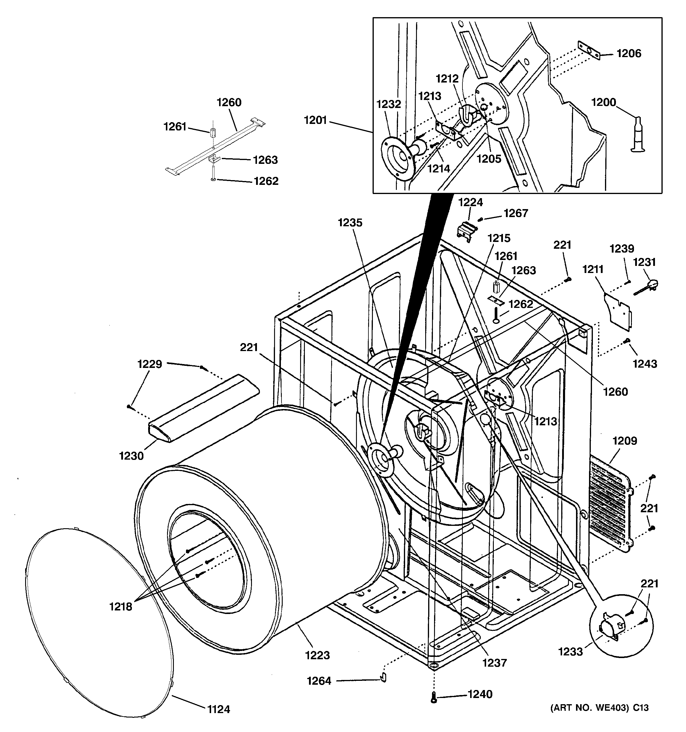 GE DCCH43GF1WW cabinet & drum diagram