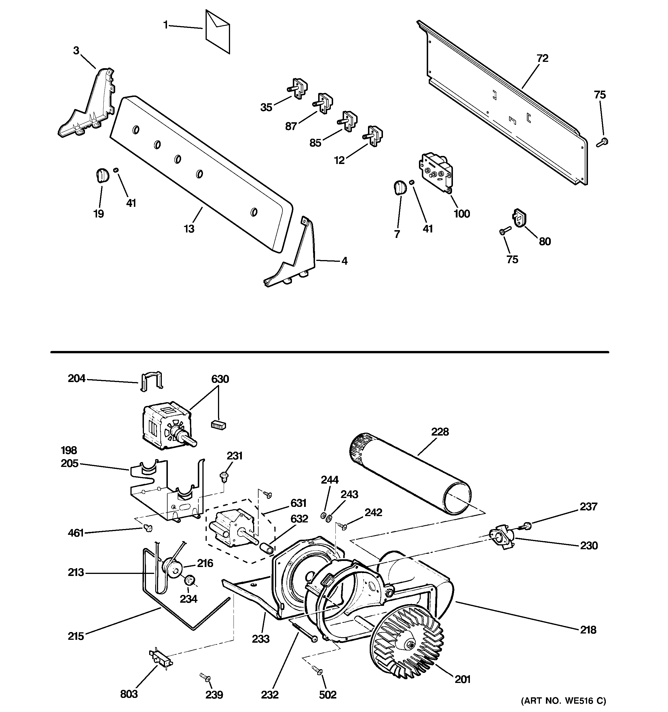 GE DLSR483EG2WW backsplash, blower & motor diagram