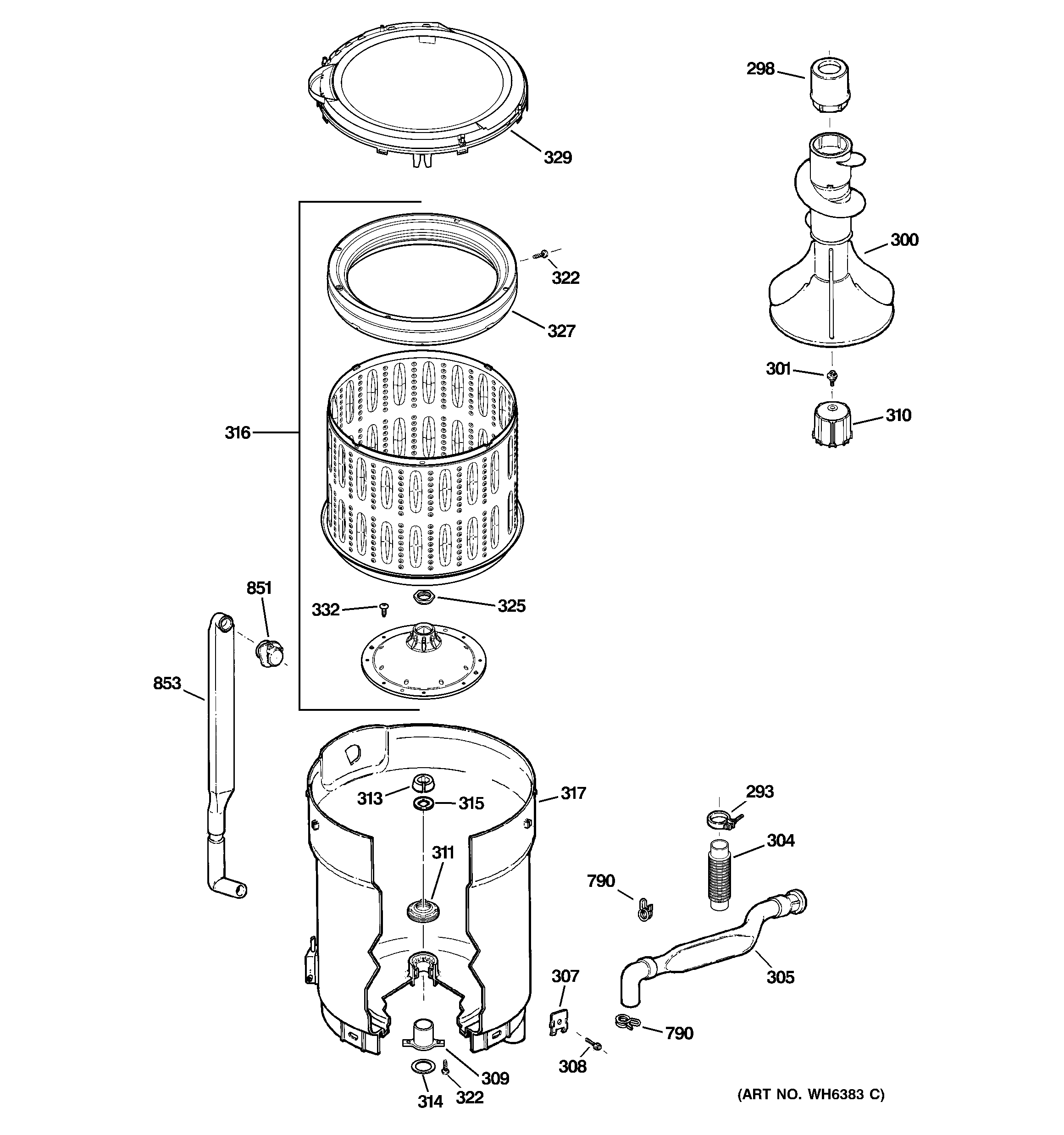 GE WNRD2050G0WC tub, basket & agitator diagram