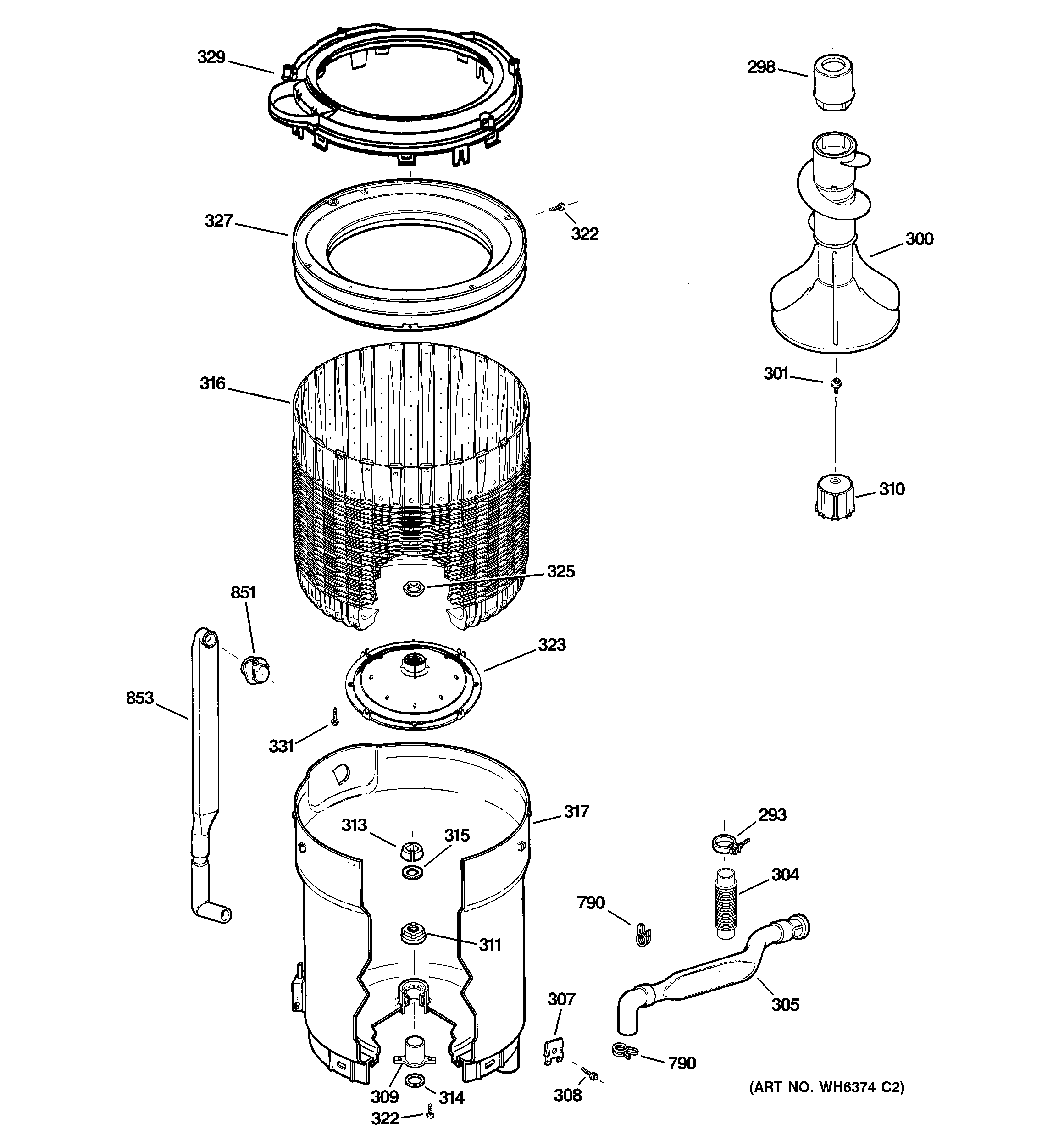 GE WBSR3000G2WS tub, basket & agitator diagram