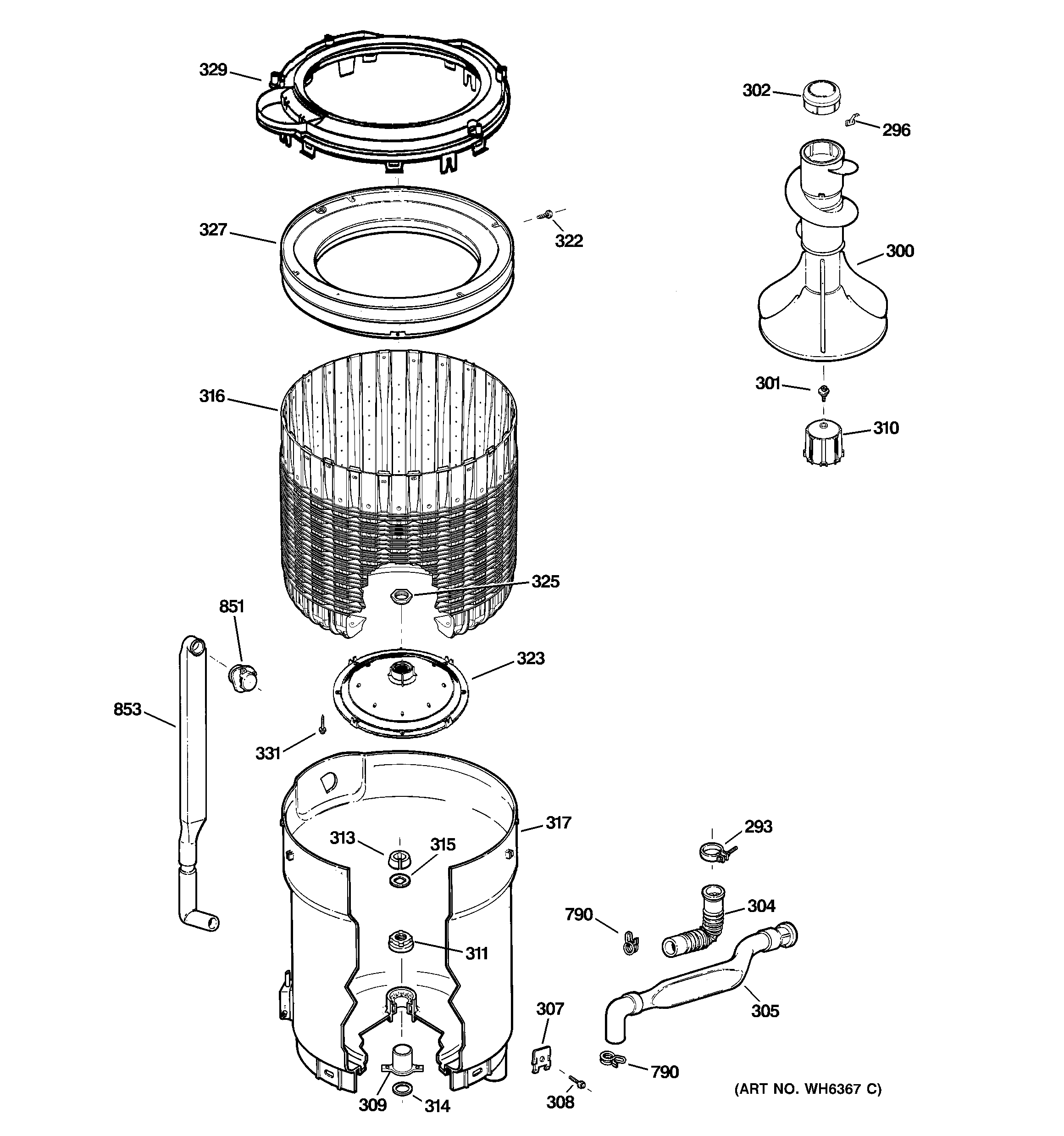 GE WCCB1030H5WC tub, basket & agitator diagram