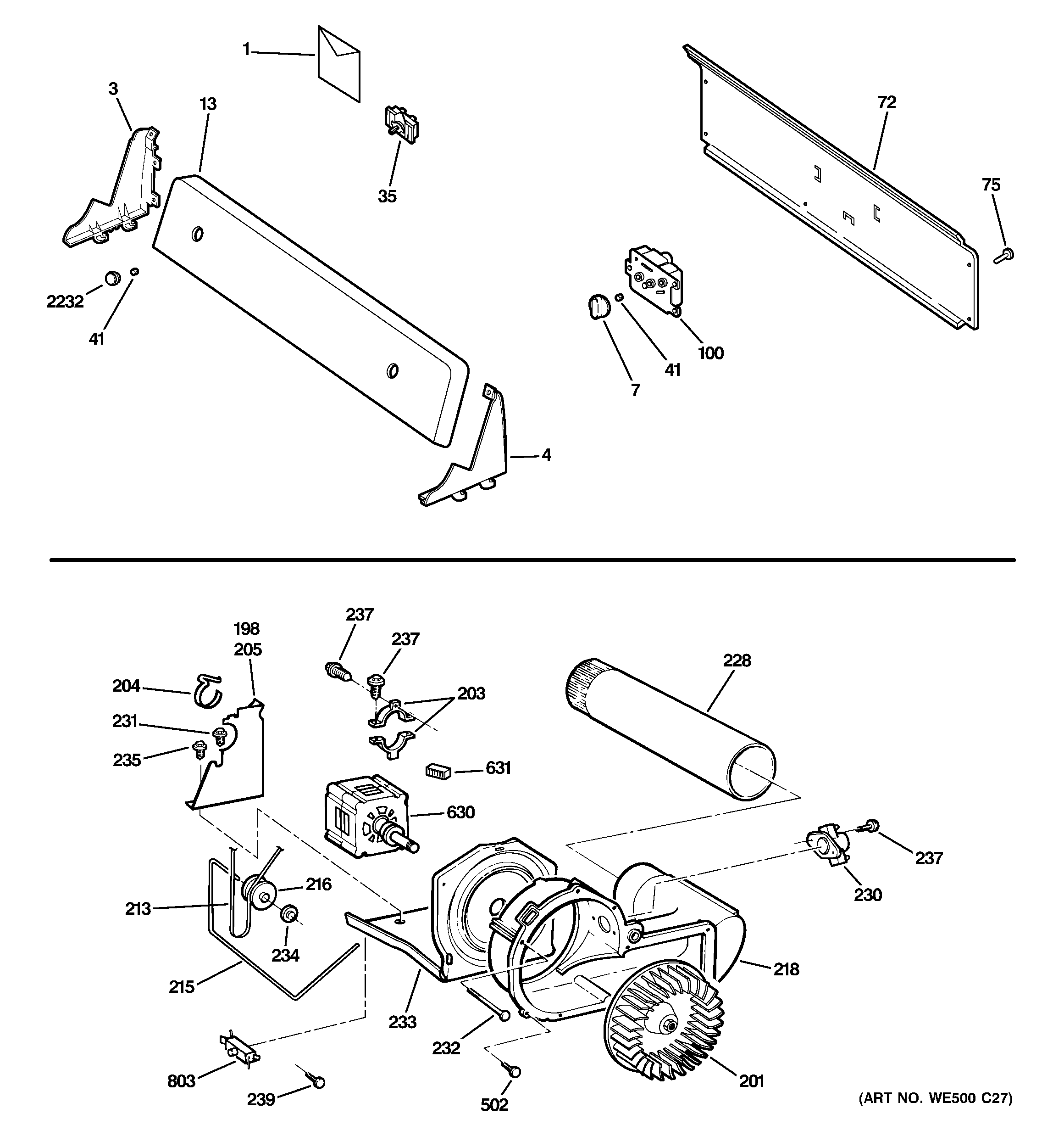 Hotpoint NVLR223GG3WW backsplash, blower & motor diagram