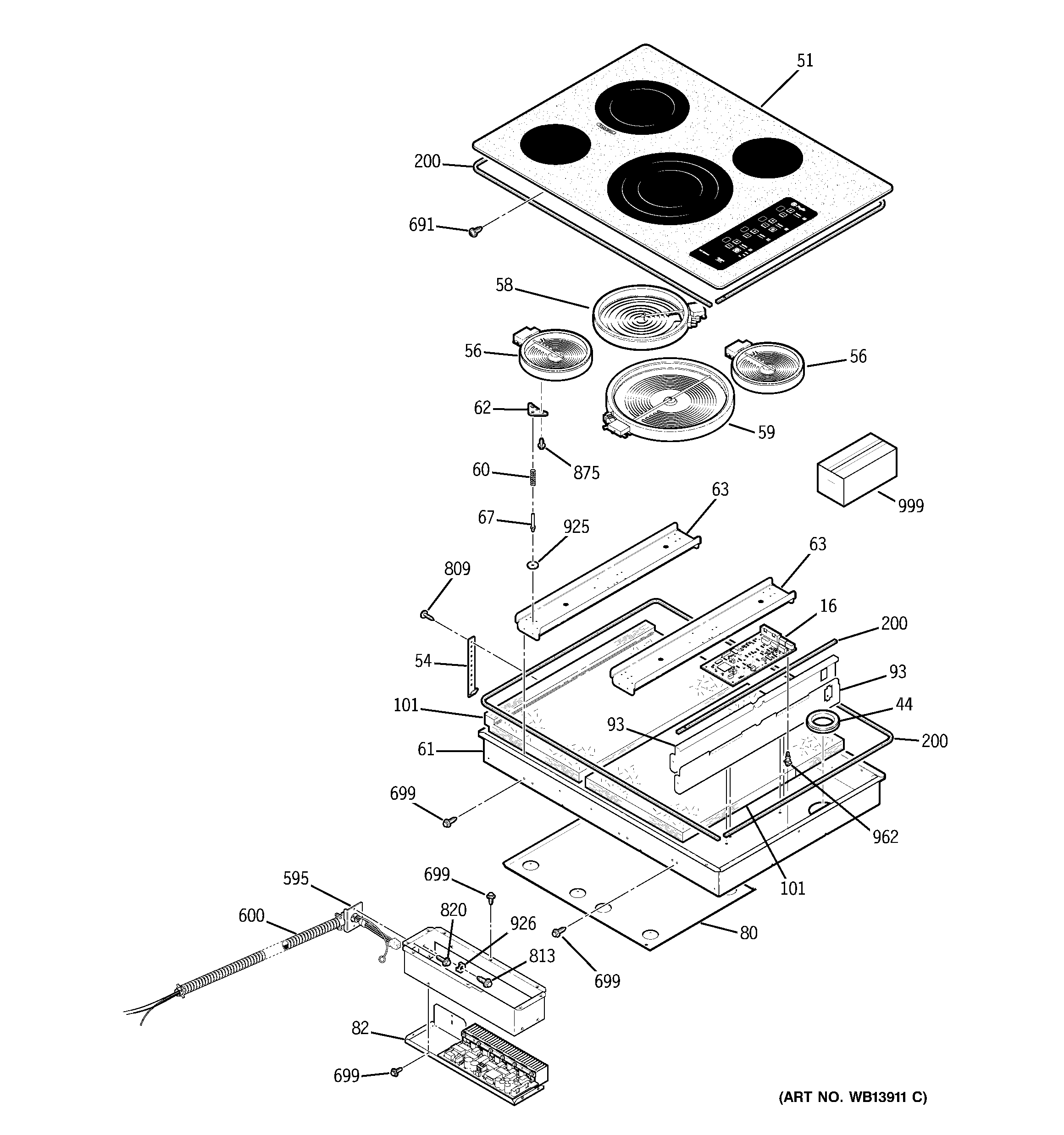 GE PP945SM2SS control panel & cooktop diagram