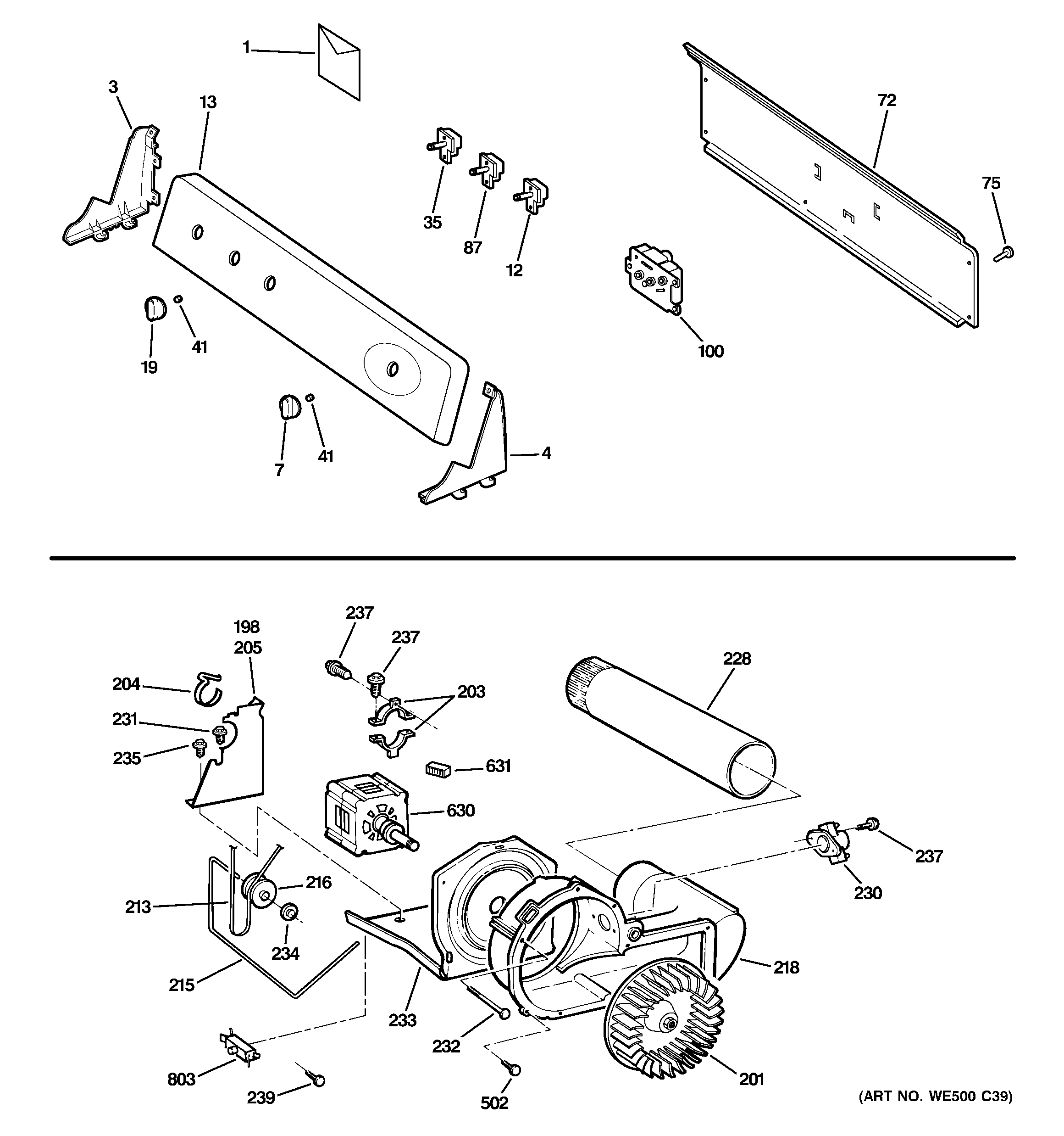 GE DHDSR46GG3WW backsplash, blower & motor assembly diagram