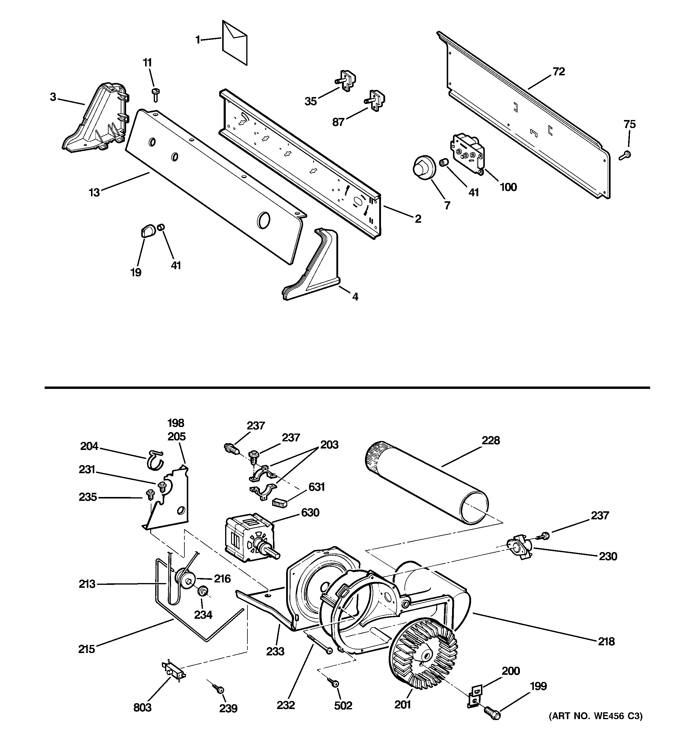 GE DISR333FG2WW backsplash, blower & motor assembly diagram