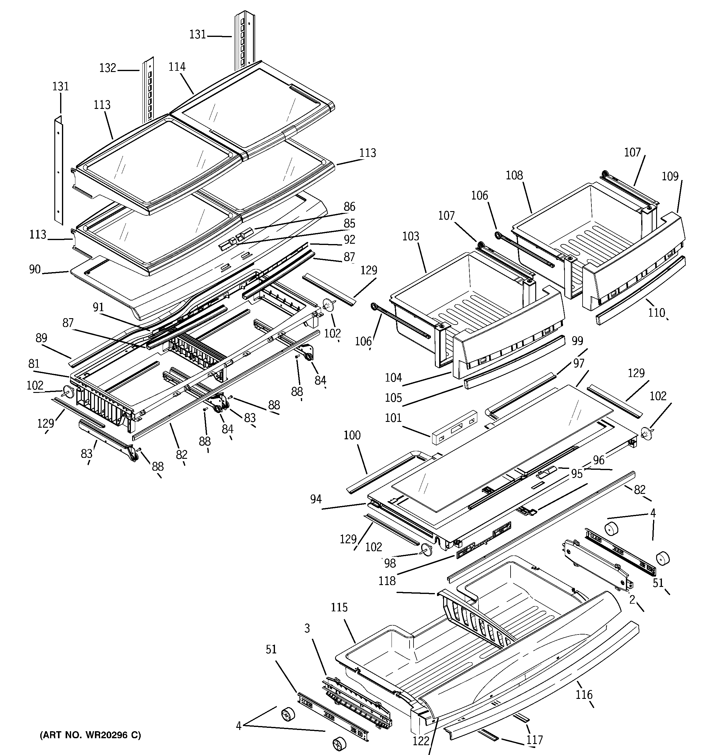 GE PFCF1NJXAWW fresh food shelves diagram
