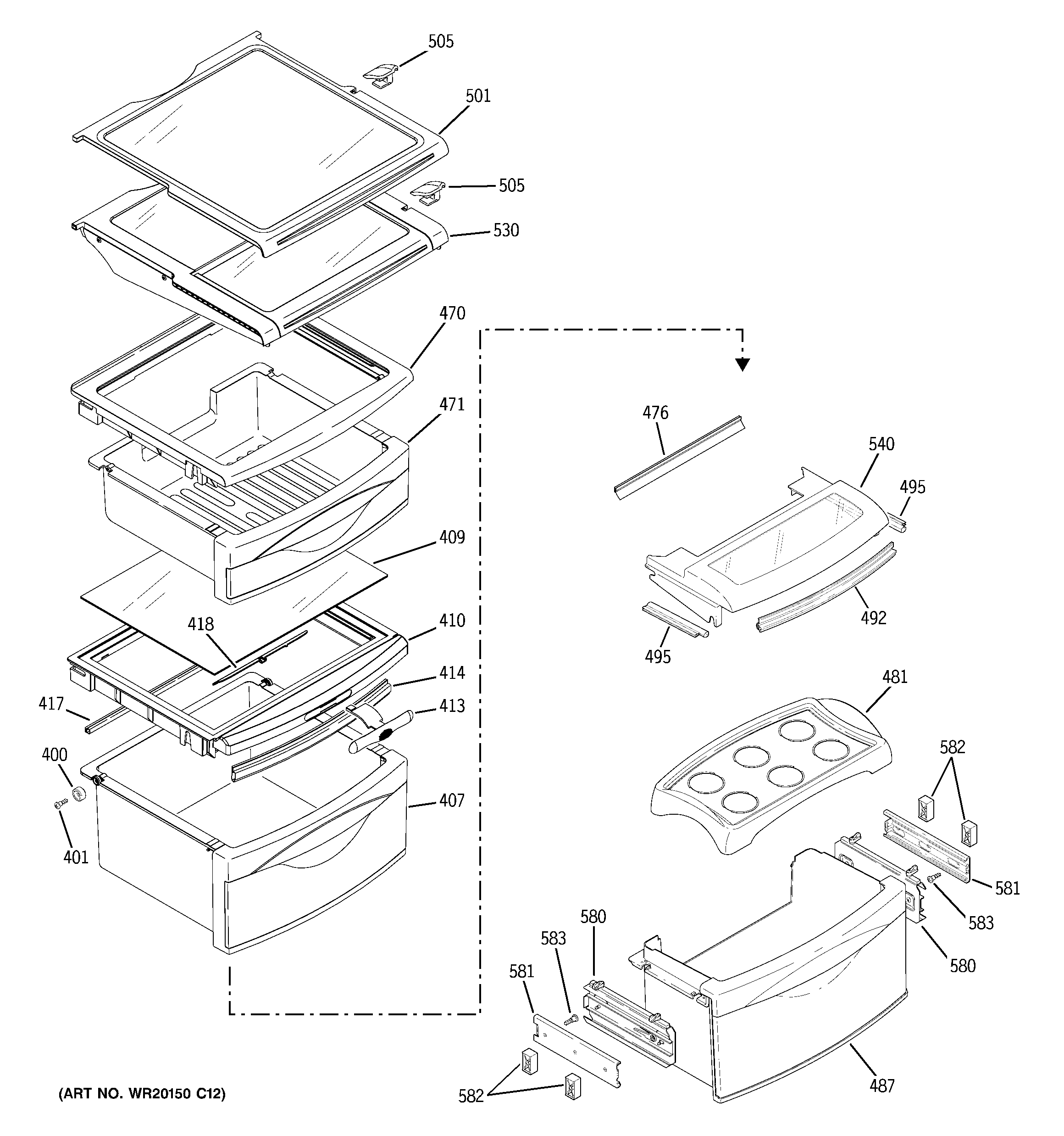 GE PSDF3YGXBFBB fresh food shelves diagram