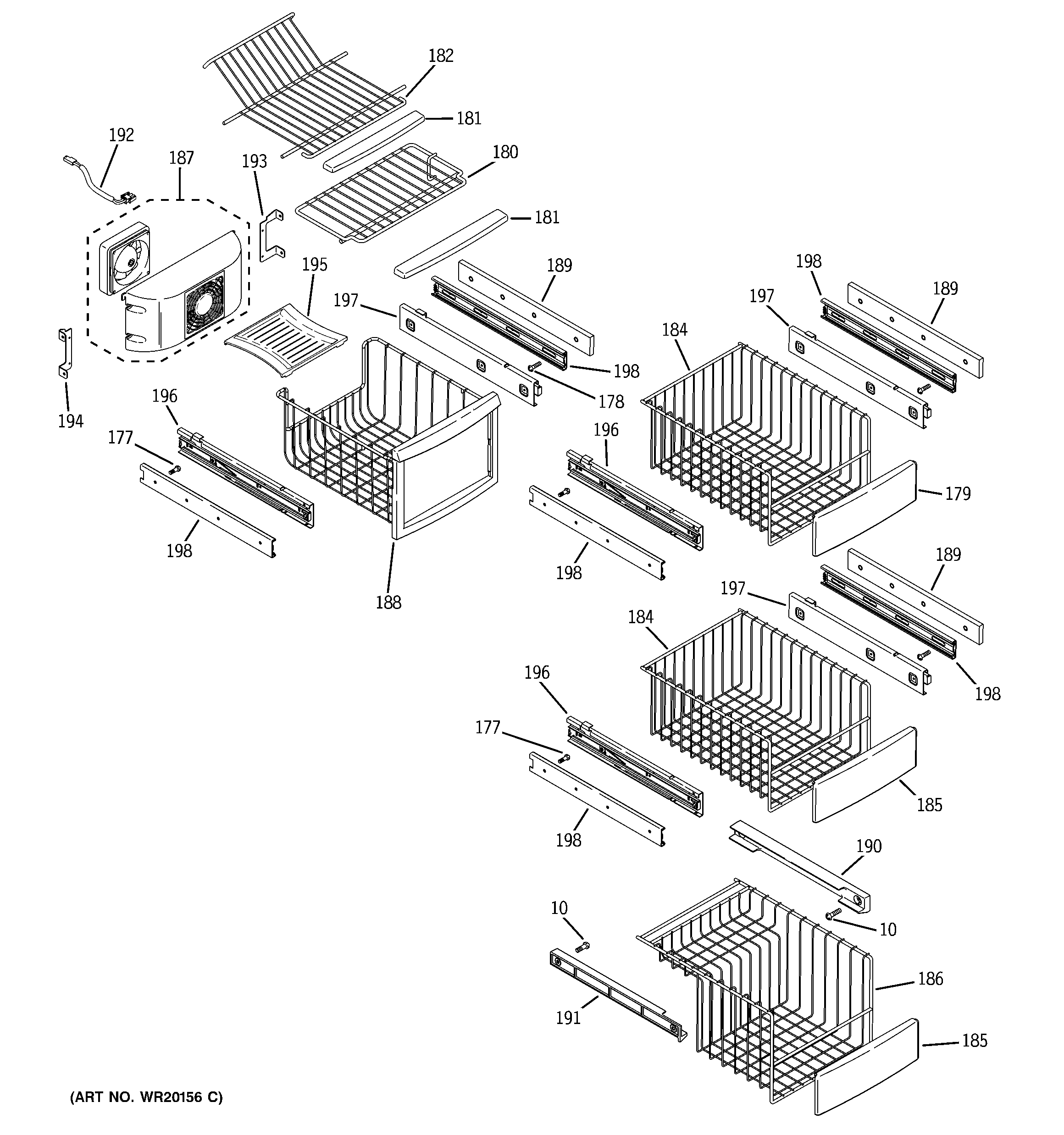GE PSDF5YGXBFBB freezer shelves diagram