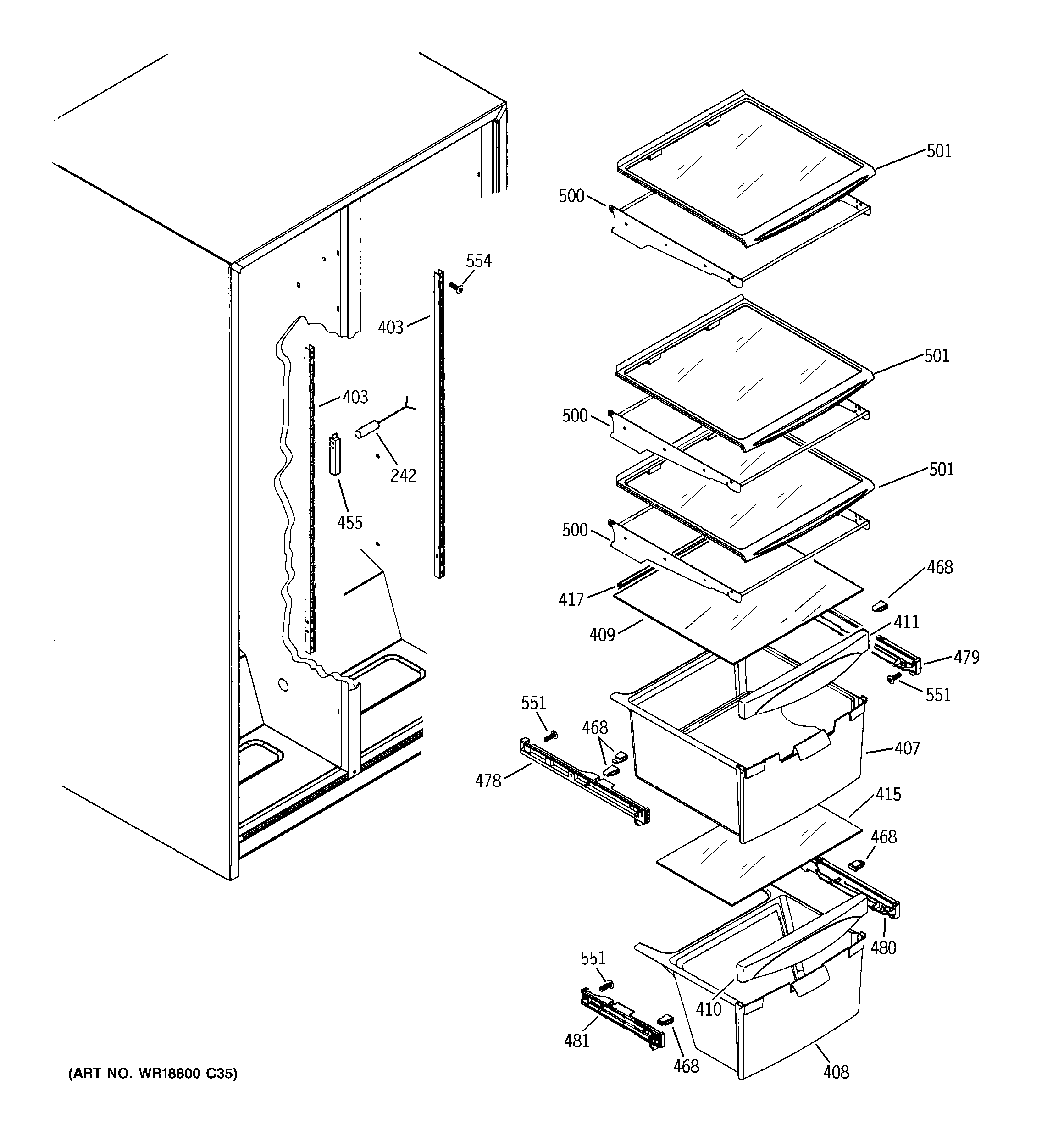 GE GSS22JETGBB fresh food shelves diagram