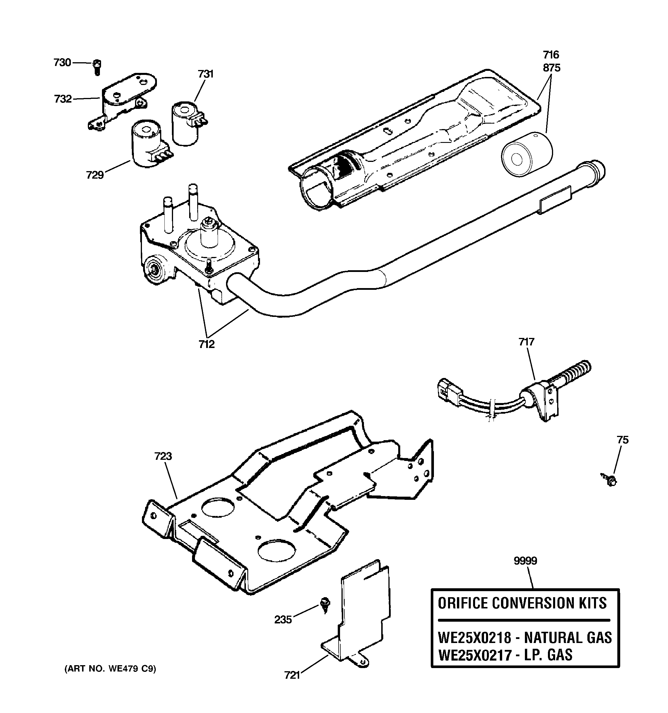 GE DBXR463PG3CC gas valve & burner assembly diagram
