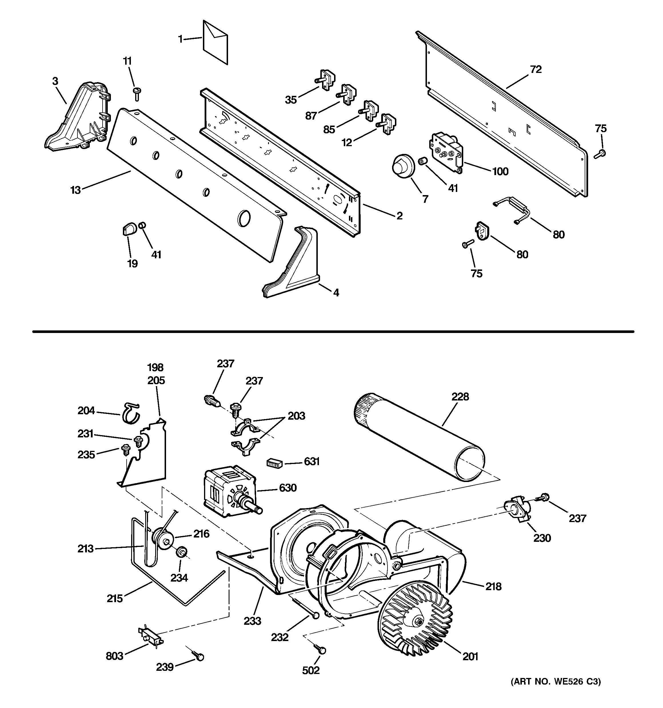 GE DISR473DG4WW backsplash, blower & motor diagram