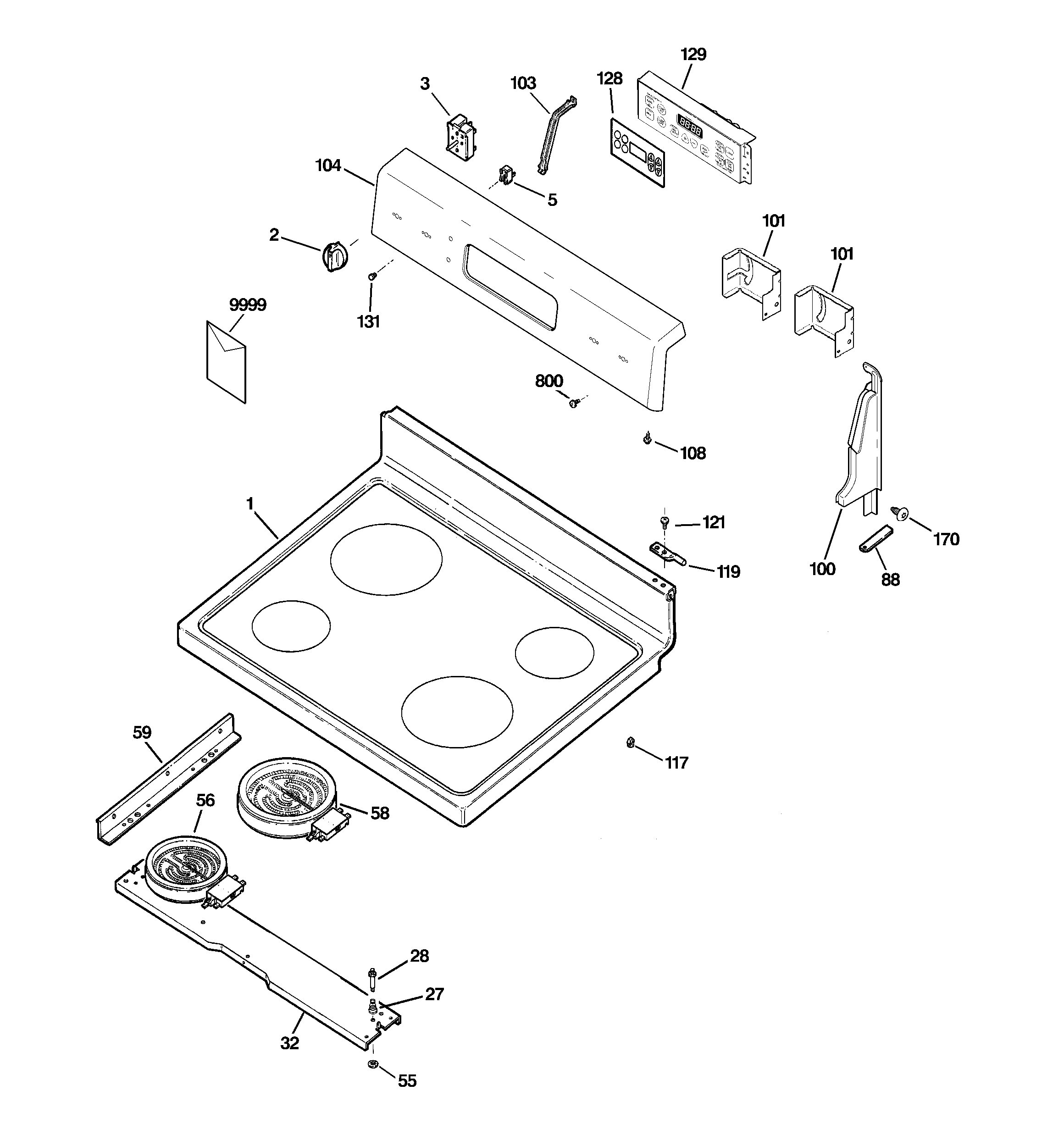 GE JBP60BM2WH control panel & cooktop diagram