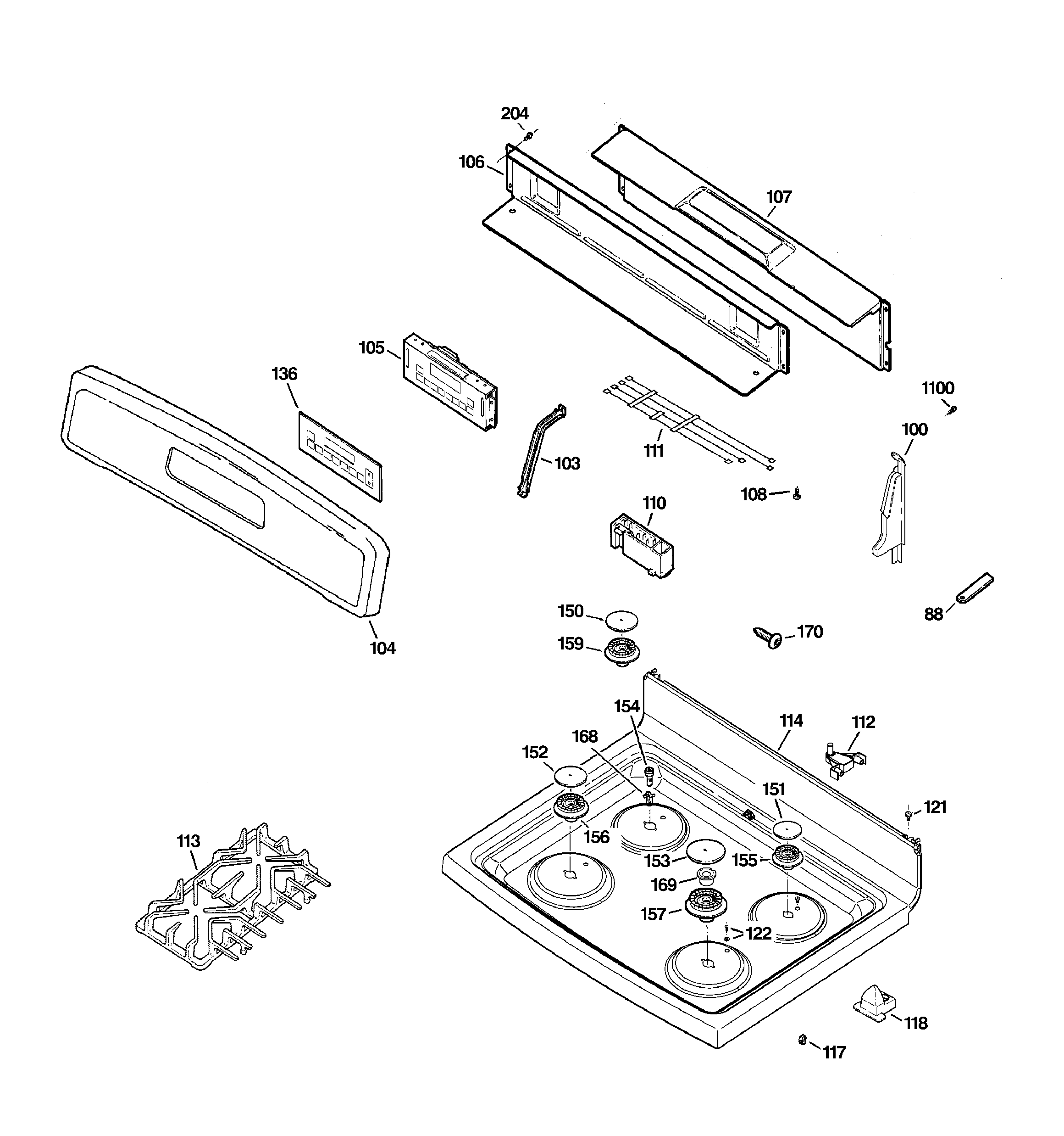 GE JGBP85DEM2BB control panel & cooktop diagram