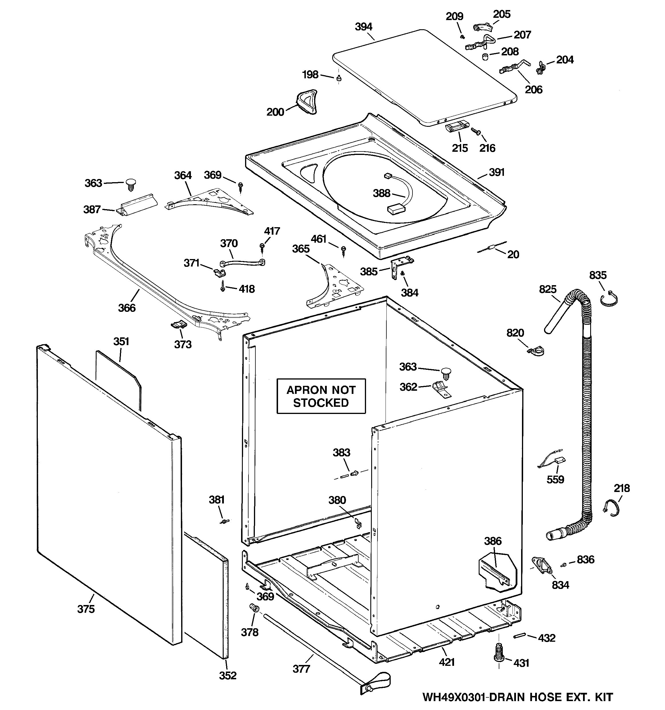 GE GHDRE527H2WW cabinet, cover & front panel diagram