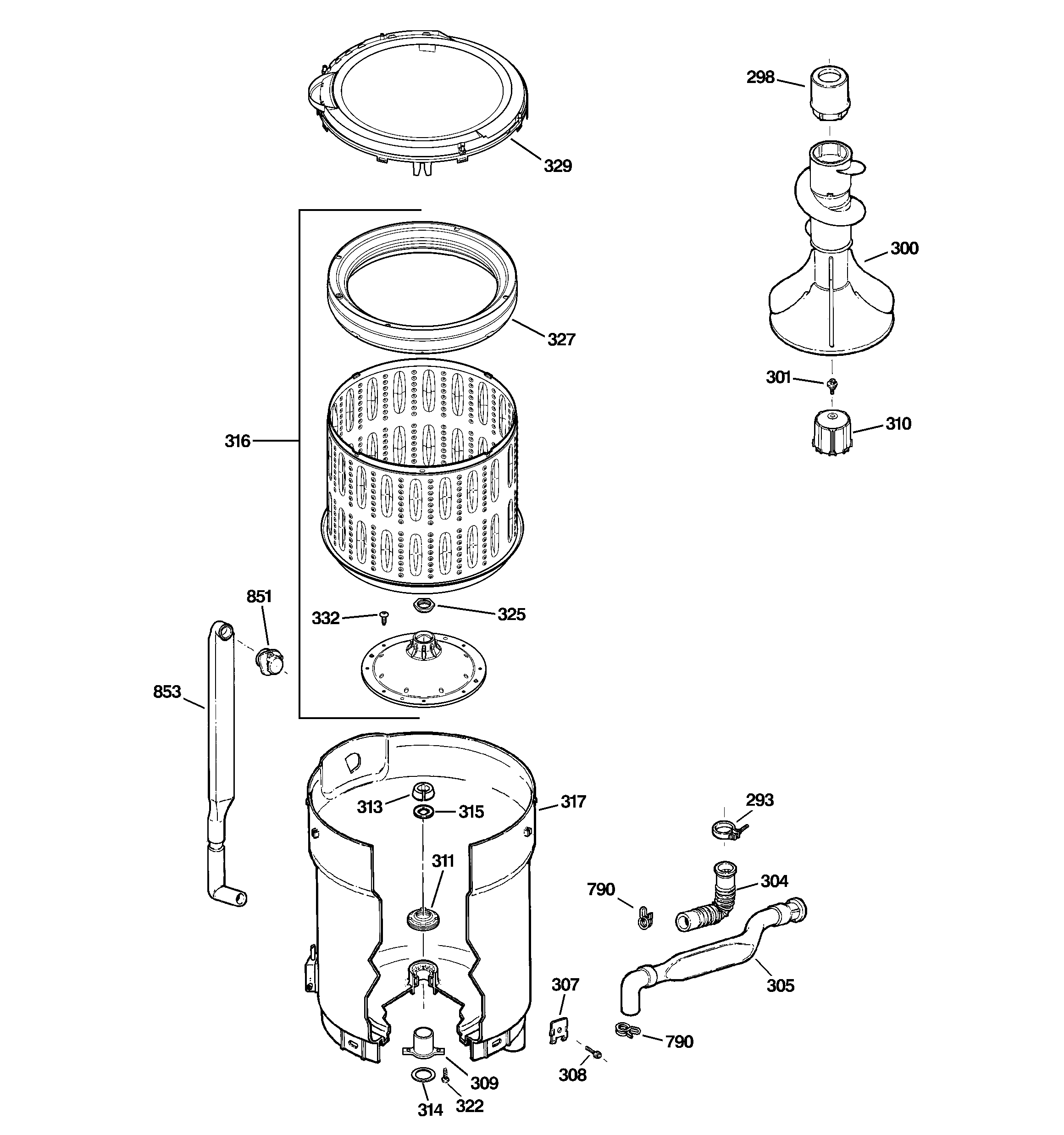 GE GHDRE527H2WW tub, basket & agitator diagram