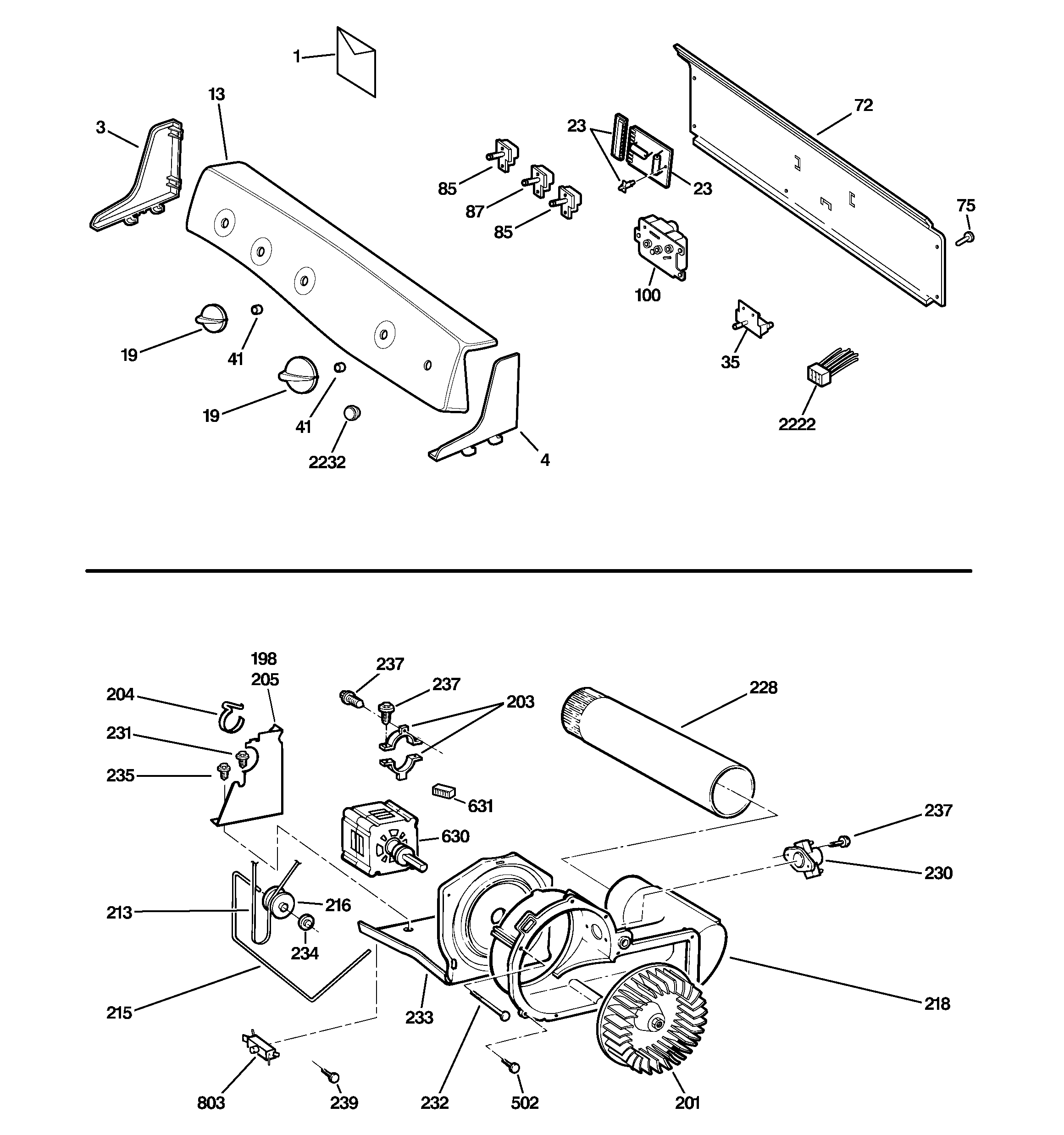 GE DPSR610EG4WT backsplash, blower & motor assembly diagram