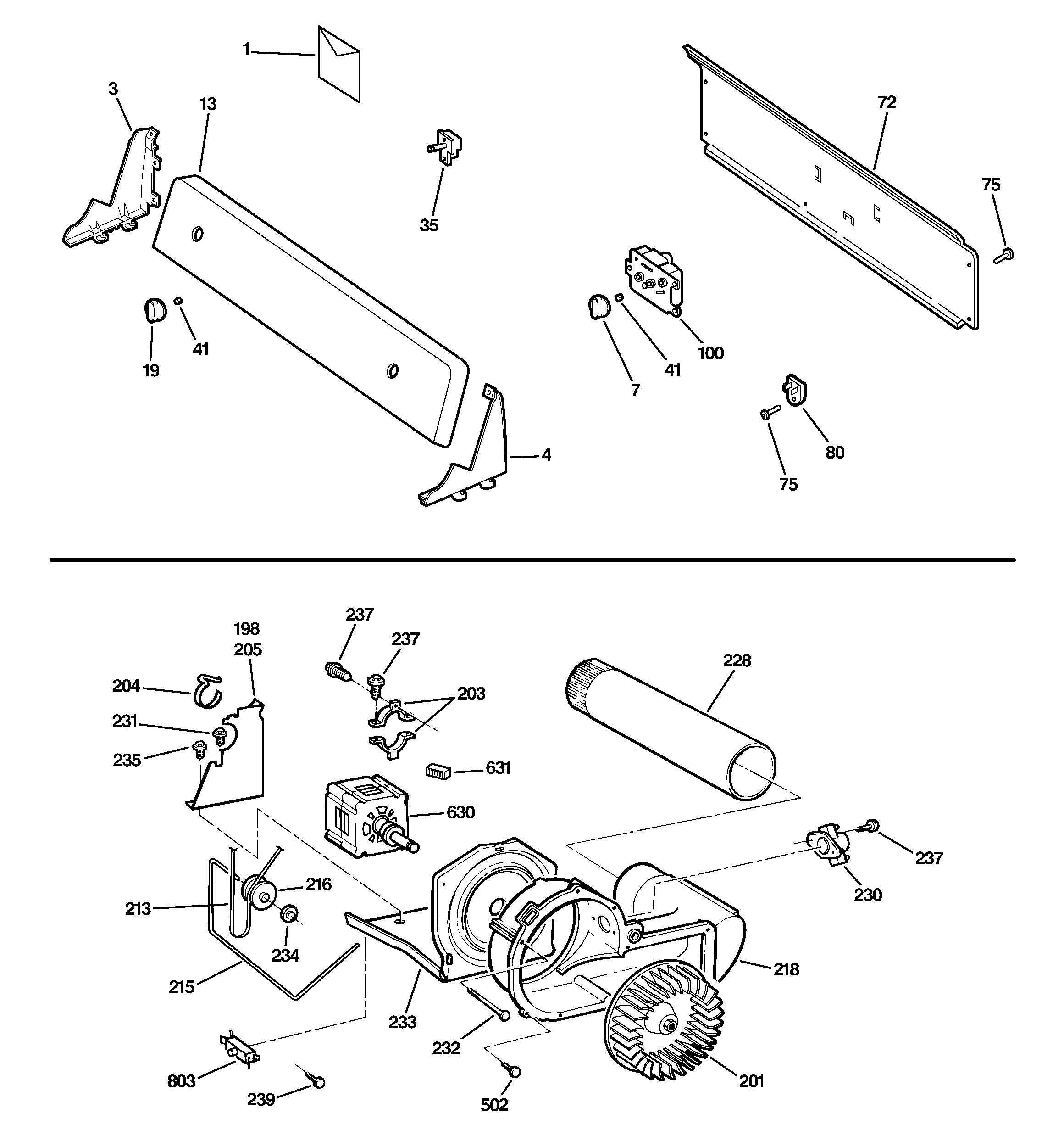 GE DX2300EG5WW backsplash, blower & motor assembly diagram