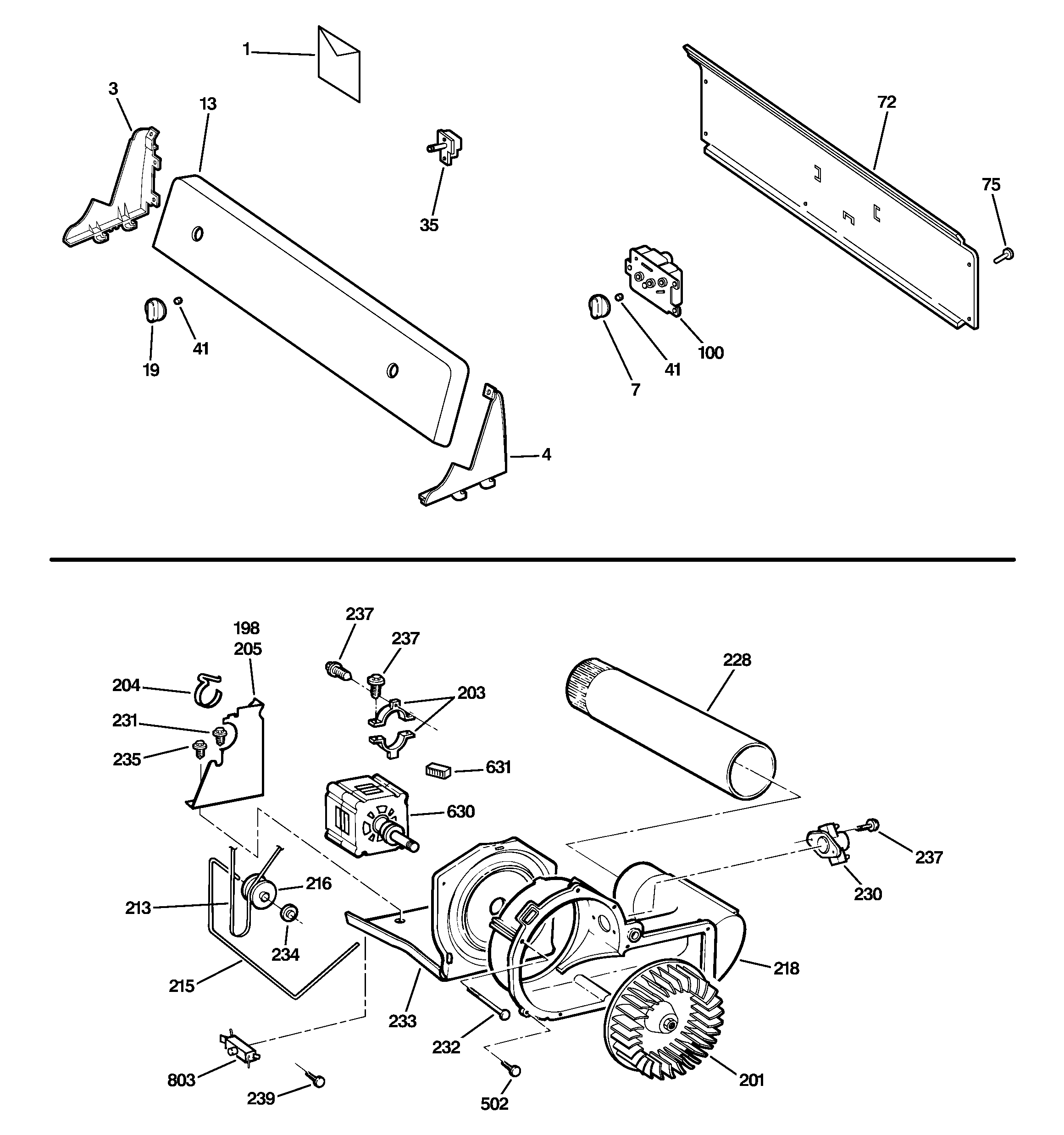 GE DX2300GG5WW backsplash, blower & motor assembly diagram