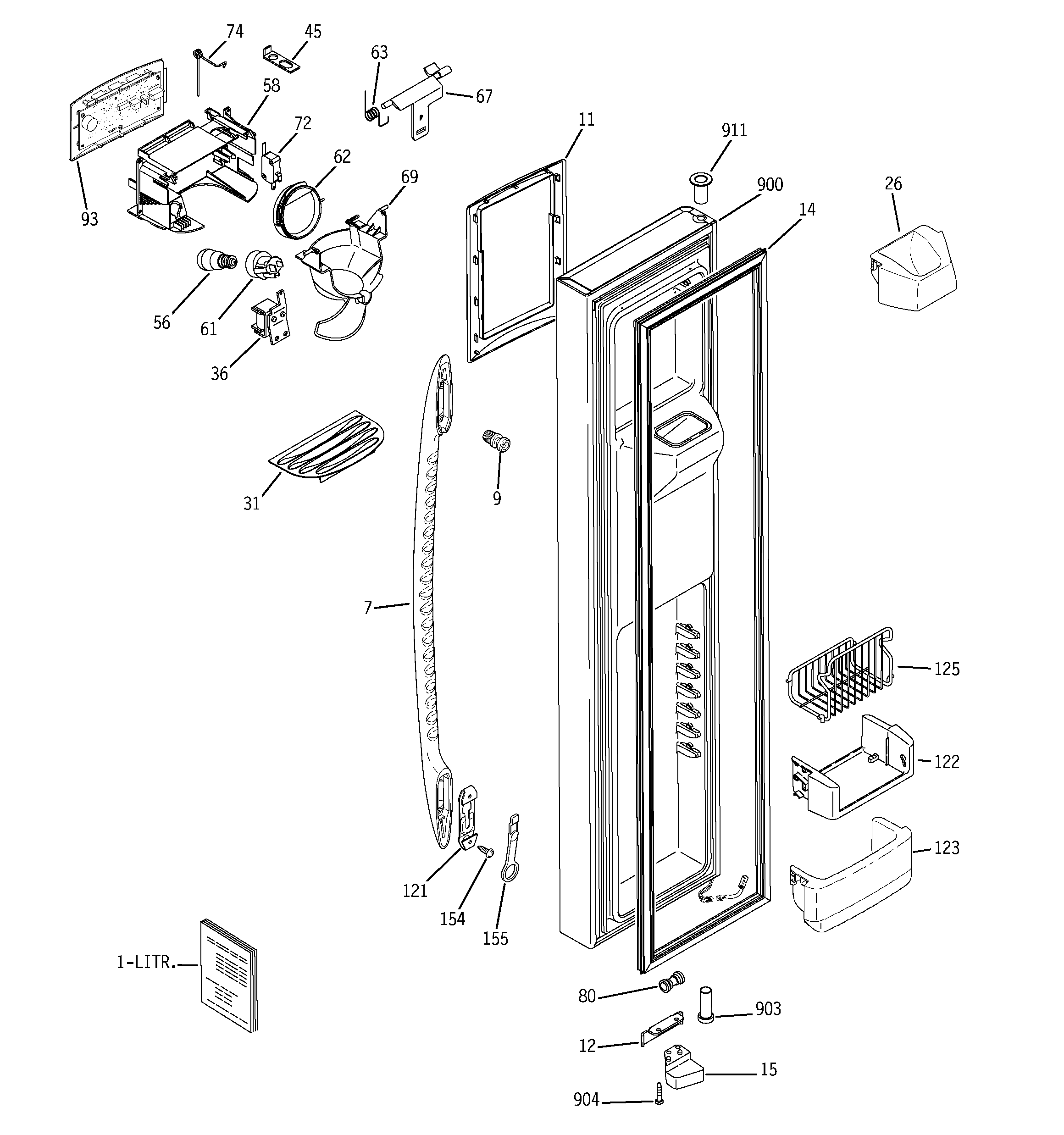 GE PHE25MGTFFWW freezer door diagram