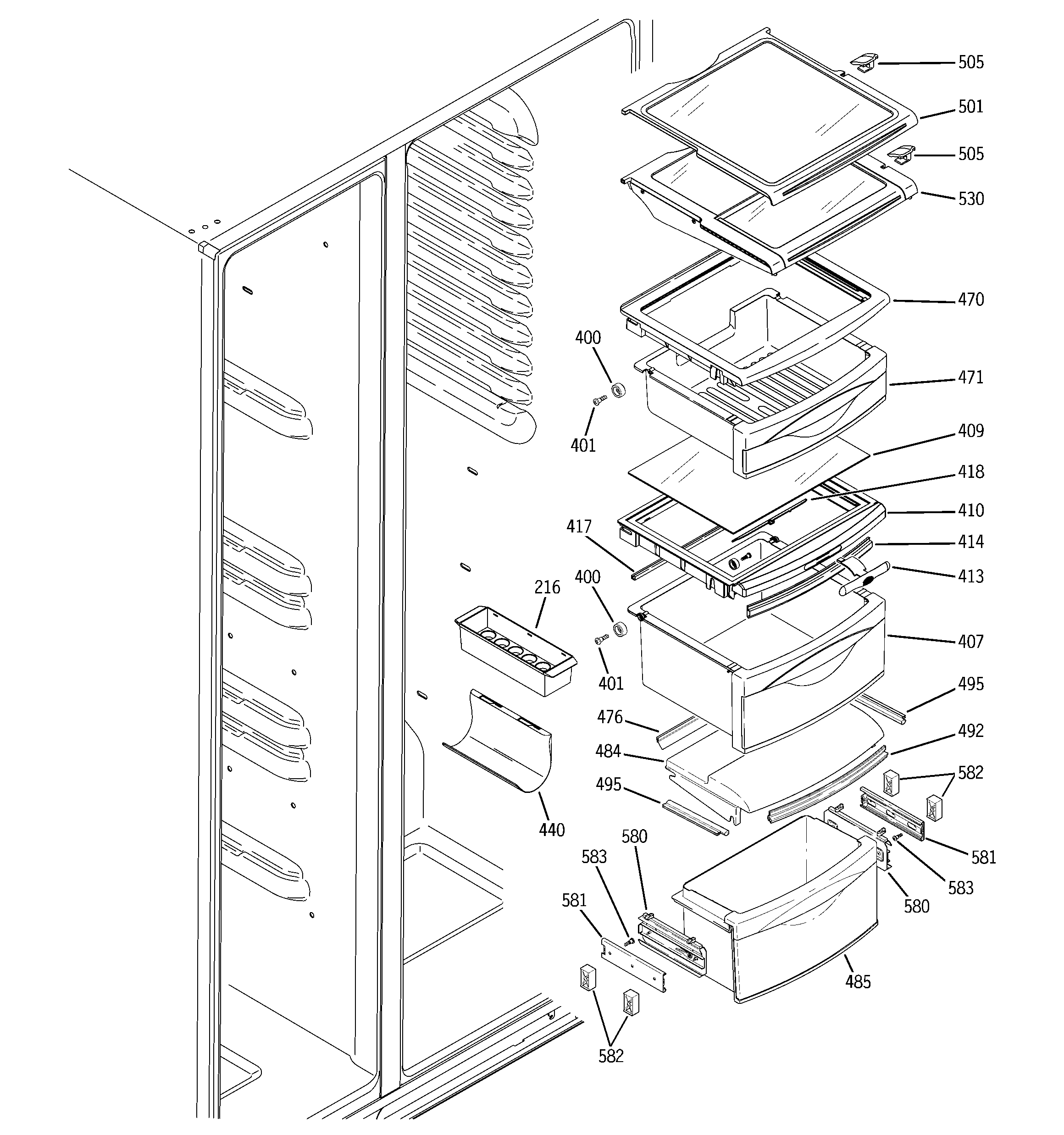 GE PHE25MGTFFWW fresh food shelves diagram