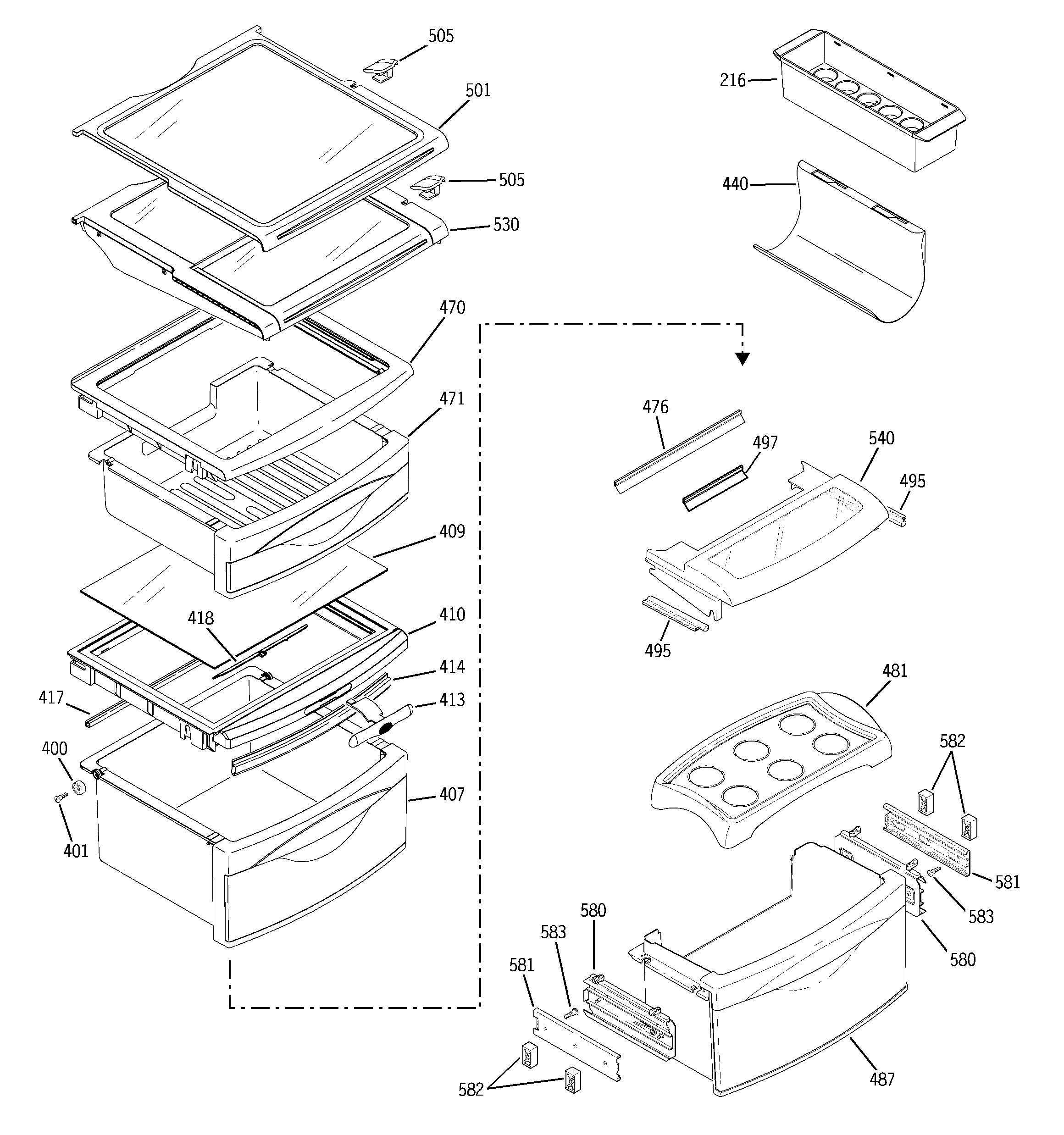 GE PHE25PGTFFBB fresh food shelves diagram