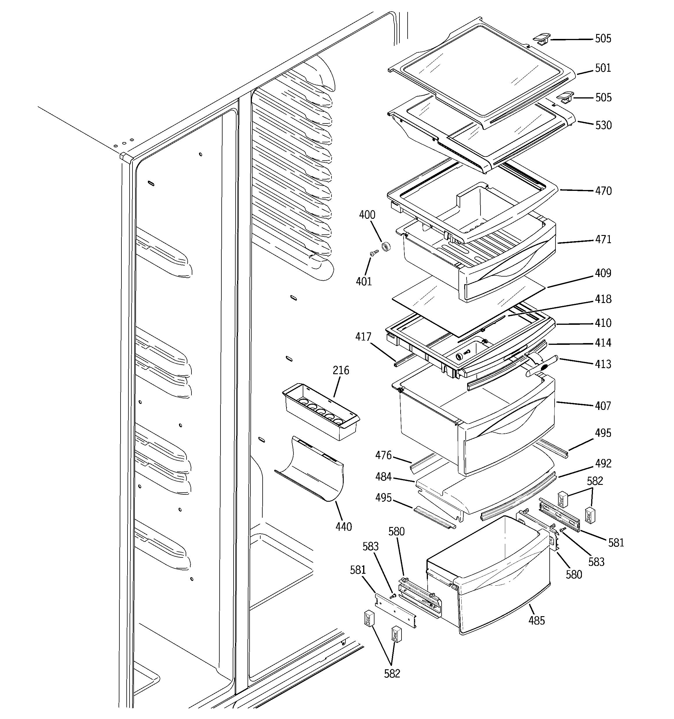 GE PJE25MGTFFKB fresh food shelves diagram
