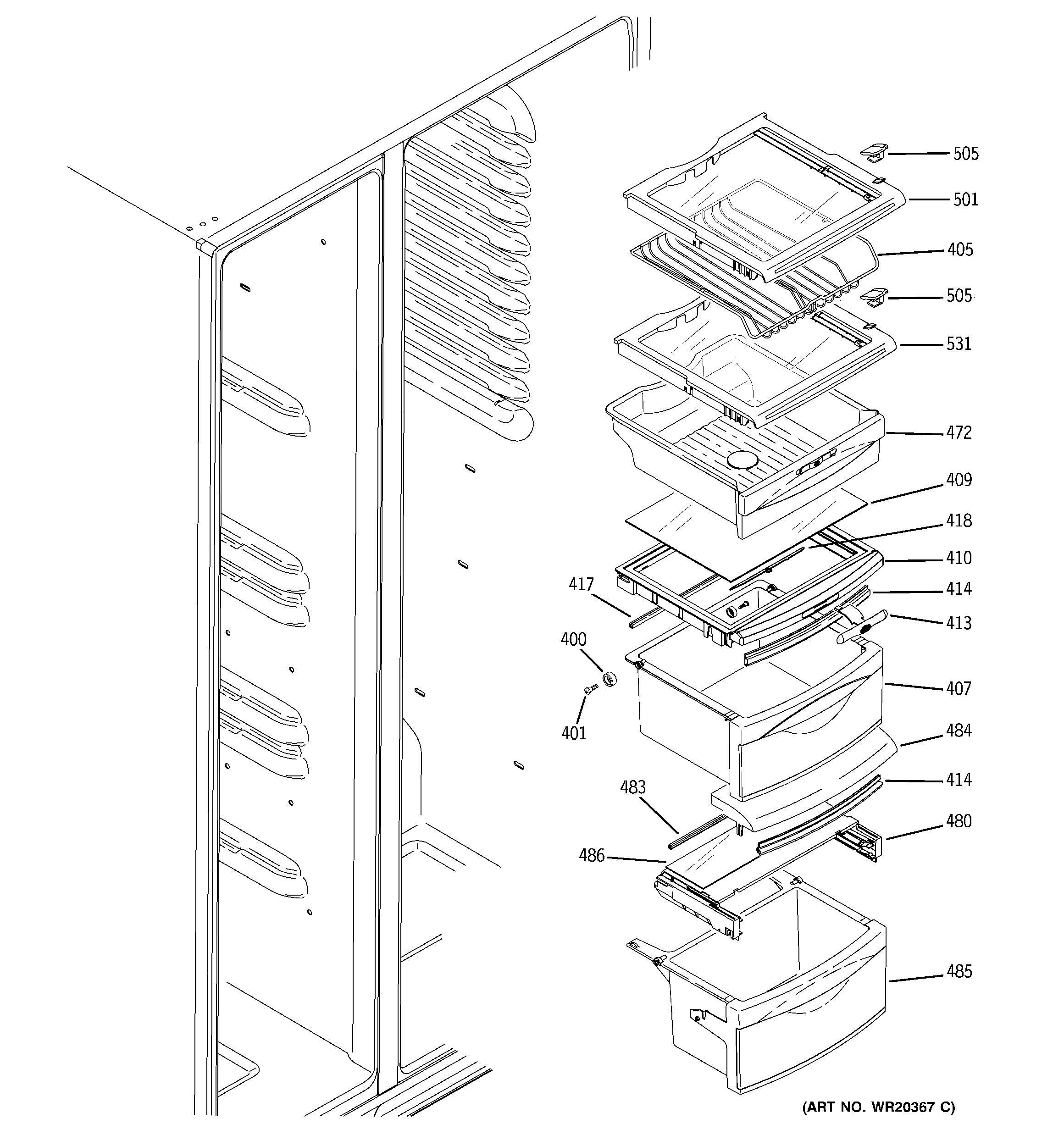 GE LSHF5MGXBEBB fresh food shelves diagram
