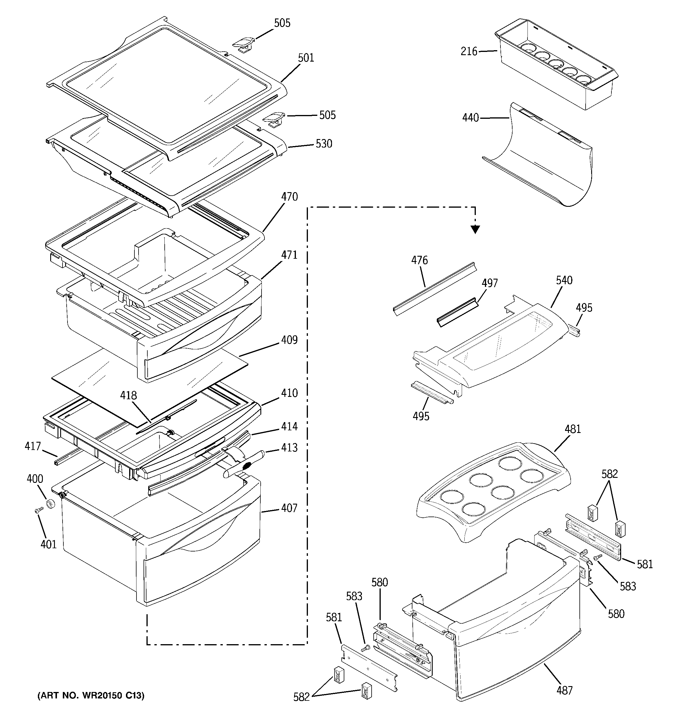 GE PJE25PGTFFKB fresh food shelves diagram