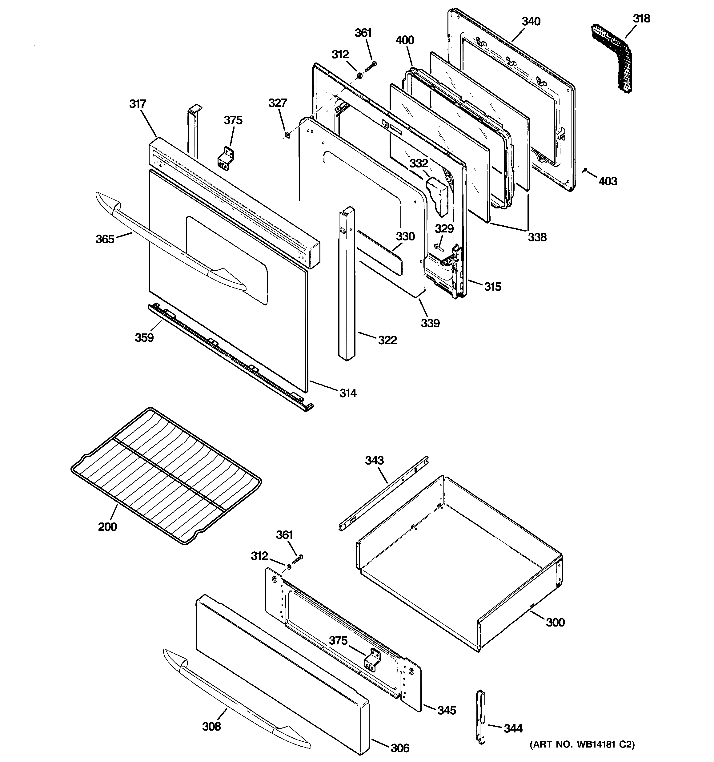 GE PGB900DEM1CC door & drawer parts diagram