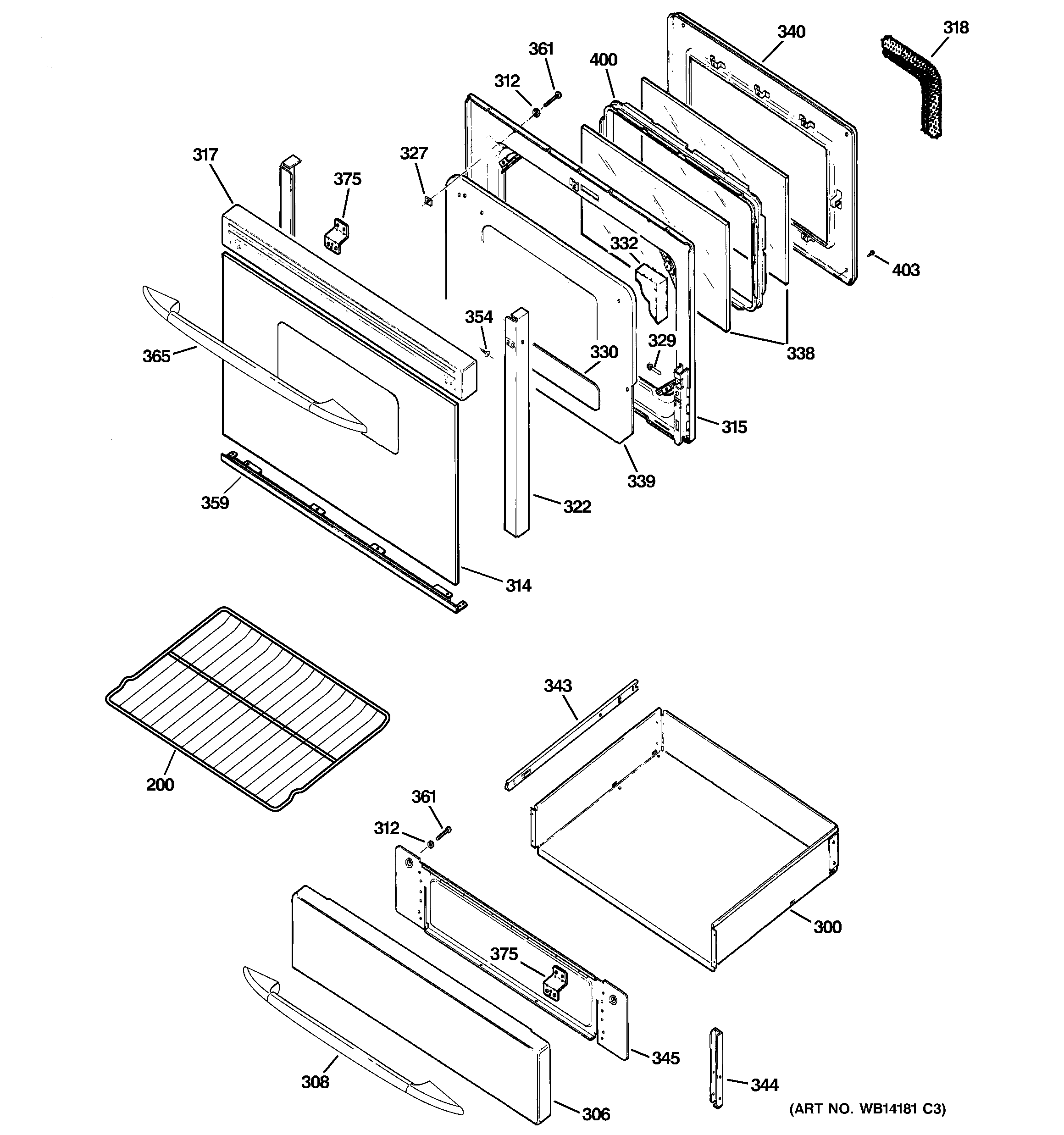 GE PGB900DEM2WW door & drawer parts diagram