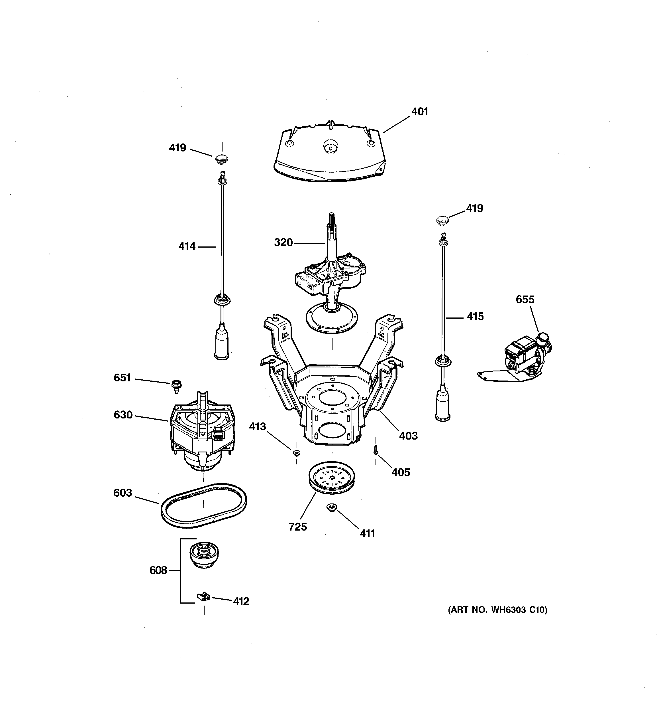GE WCSR2080B9WW suspension, pump & drive components diagram