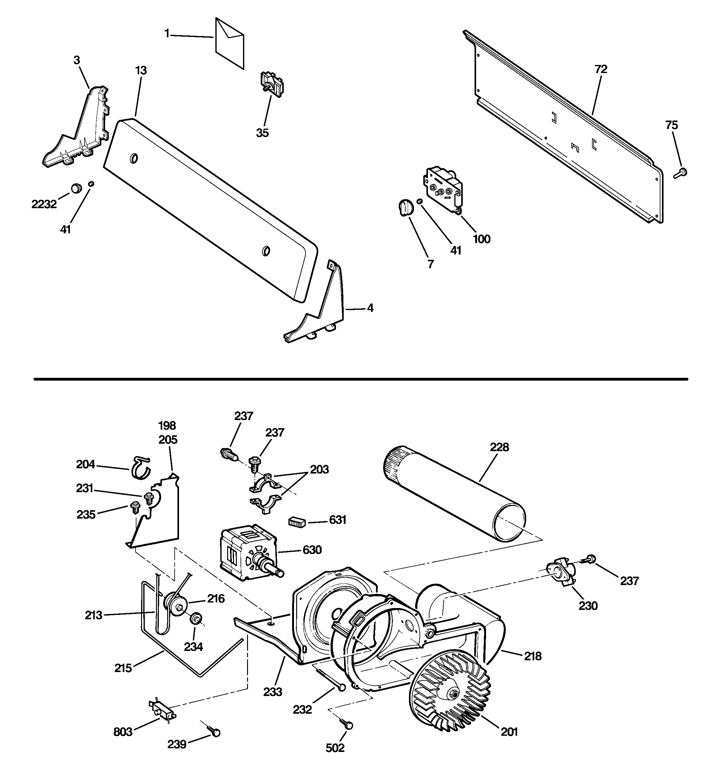 Hotpoint NVLR223GG5WW backsplash, blower & motor assembly diagram